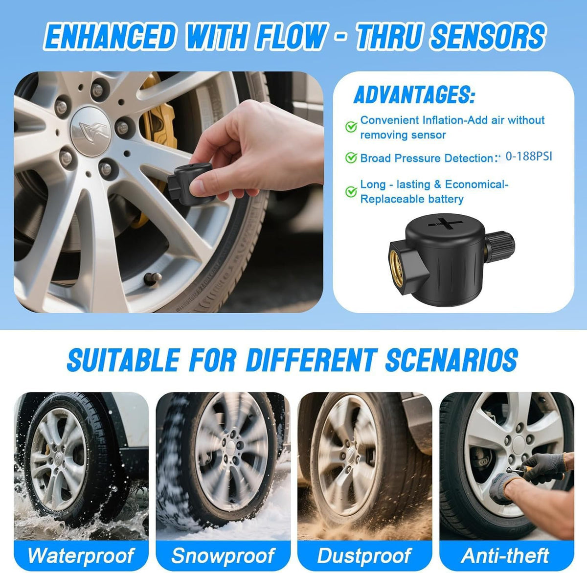 NLNE Trailer Tire Pressure Monitoring System 8 Sensors, 4.5" RV TPMS with Flow Through Sensor,6 Alerts Modes Monitor for Semi Truck/Camper/5th Wheel,Motorhome,Signal Booster,0-188PSI(4-22 Sensors)
