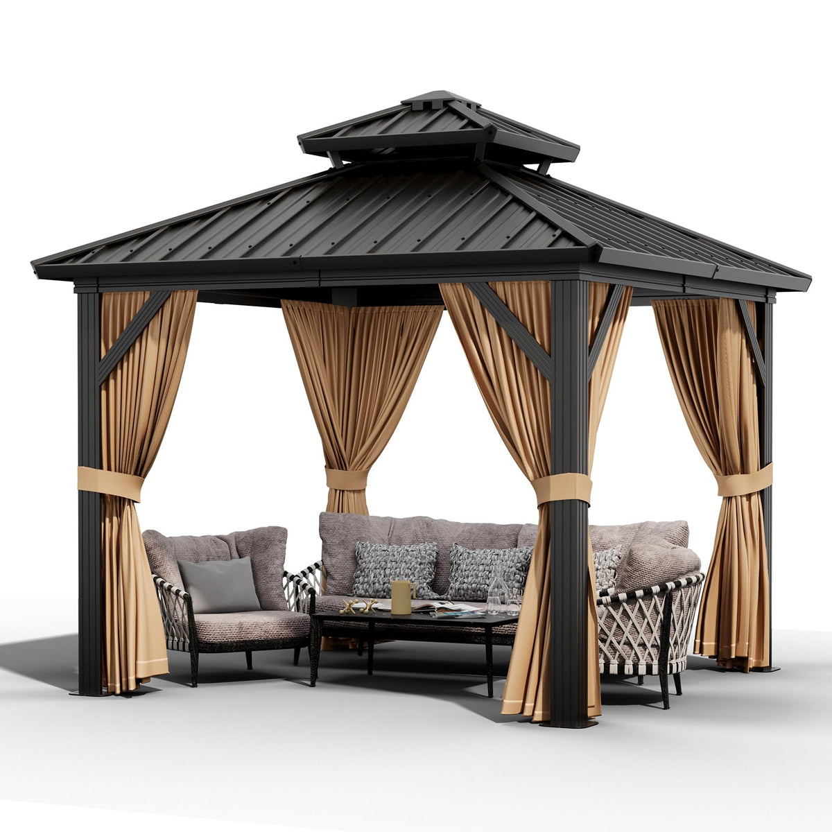 GarveeLife 10x10 ft Double Roof Hardtop Gazebo, Heavy Duty Galvanised Steel Hardtop Pavilion with Nettings and Curtains, Metal Roof Gazebo for Patio, Terrace, Lawn and Deck, Brown