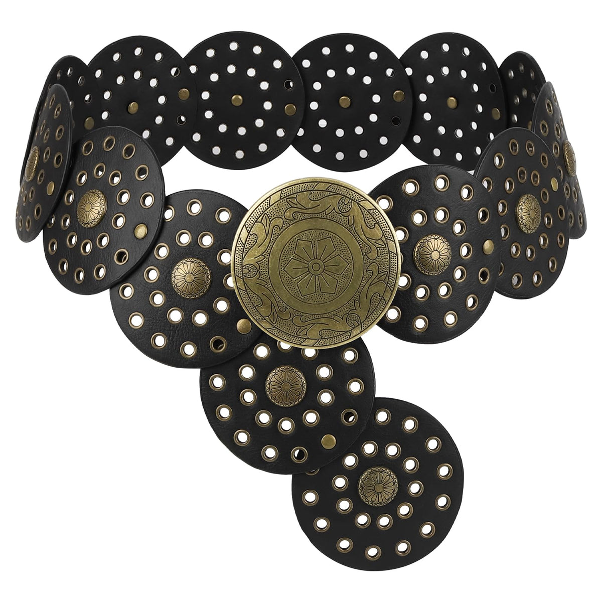 SNCEAW Western Belts for Women Wide Belts Country Concert Outfits Disc Belt Cowgirl Boho Leather Belt for Jeans Dress (Black-bronze Buckle, Fits waists up to 37")