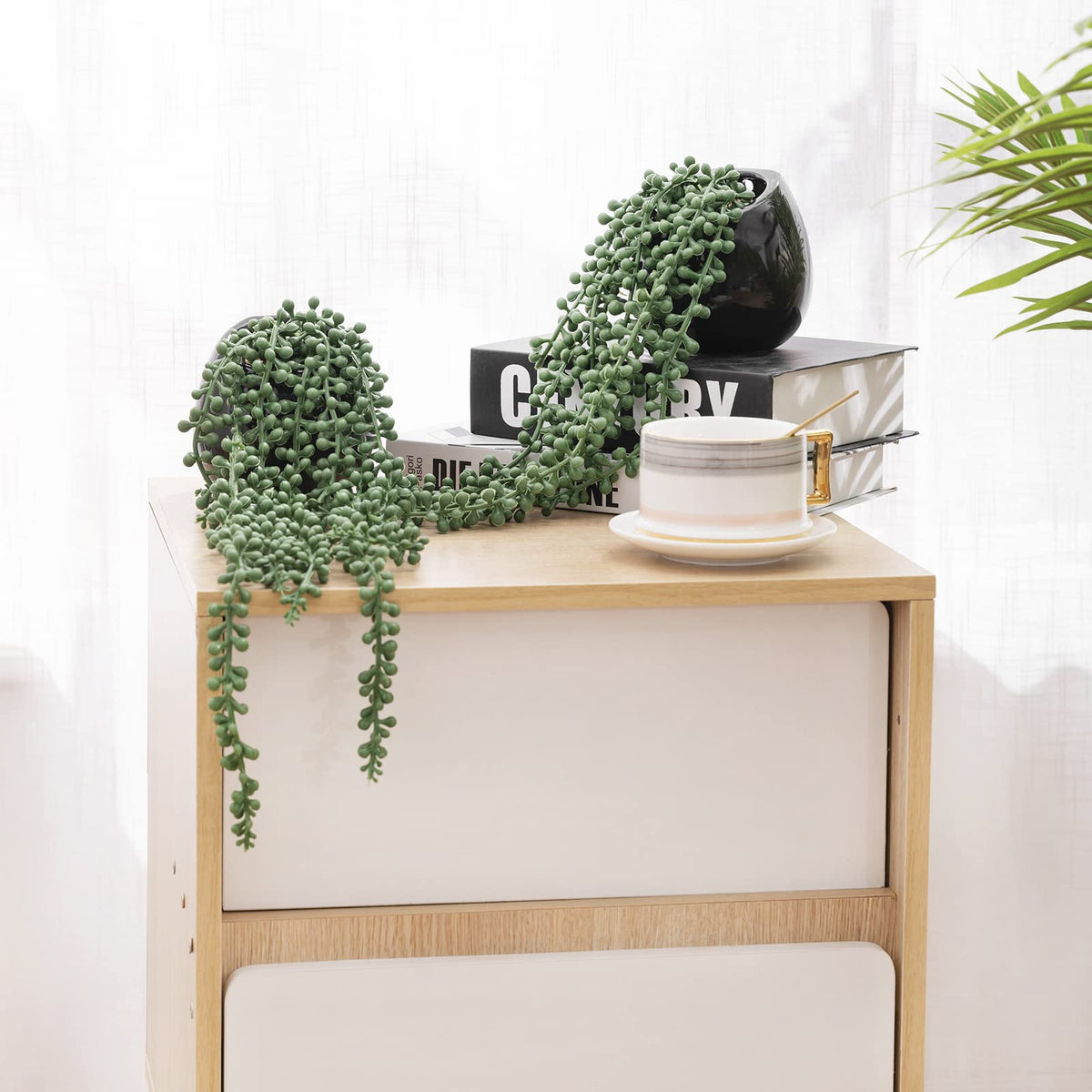Tiita Artificial Hanging Plants, Faux Succulents in Pots, Realistic String of Pearls Plants for Home Office Accessories Window Sill Bathroom Bedroom Fake in Black Ceramic Pots, Set of 2