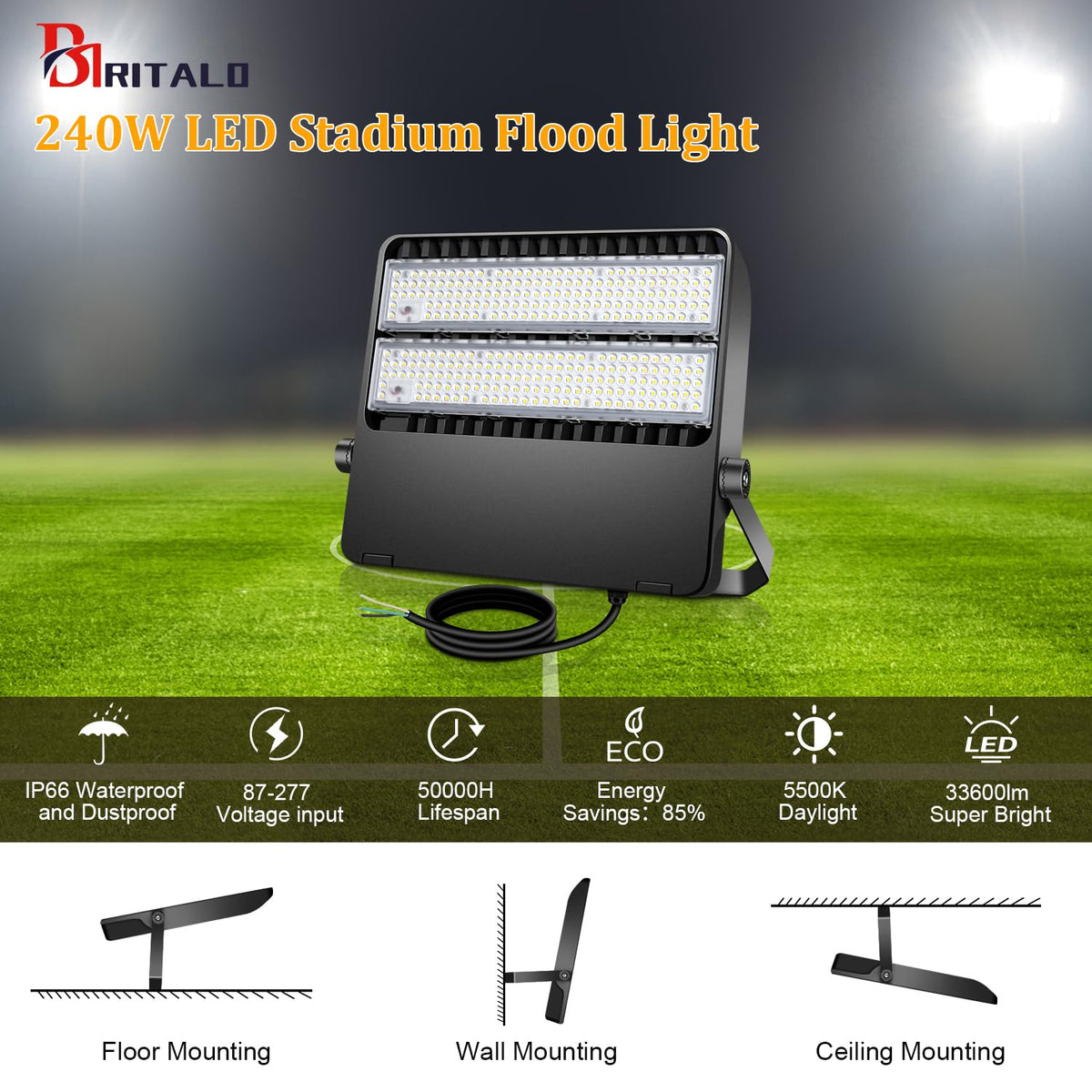 BIRITALO 36000LM LED Stadium Flood Light Commercial 1500W Equivalent LED Arena Lighting Wall Mount Floodlights Outdoor 5500K 85-277V Waterproof 240W Shoebox Fixture for Court,Street,Yard 3 Pack
