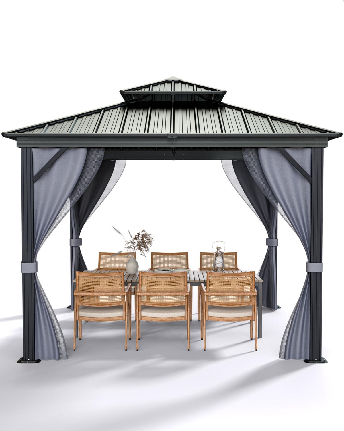 12'X12' Hardtop Gazebo, Outdoor Double Roof Galvanized Steel Gazebo, Aluminum Heavy-Duty Steel Top Canopy with Mosquito Net & Privacy Curtain for Patio, Porch, Garden, Lawn, Deck, Backyard,Gray