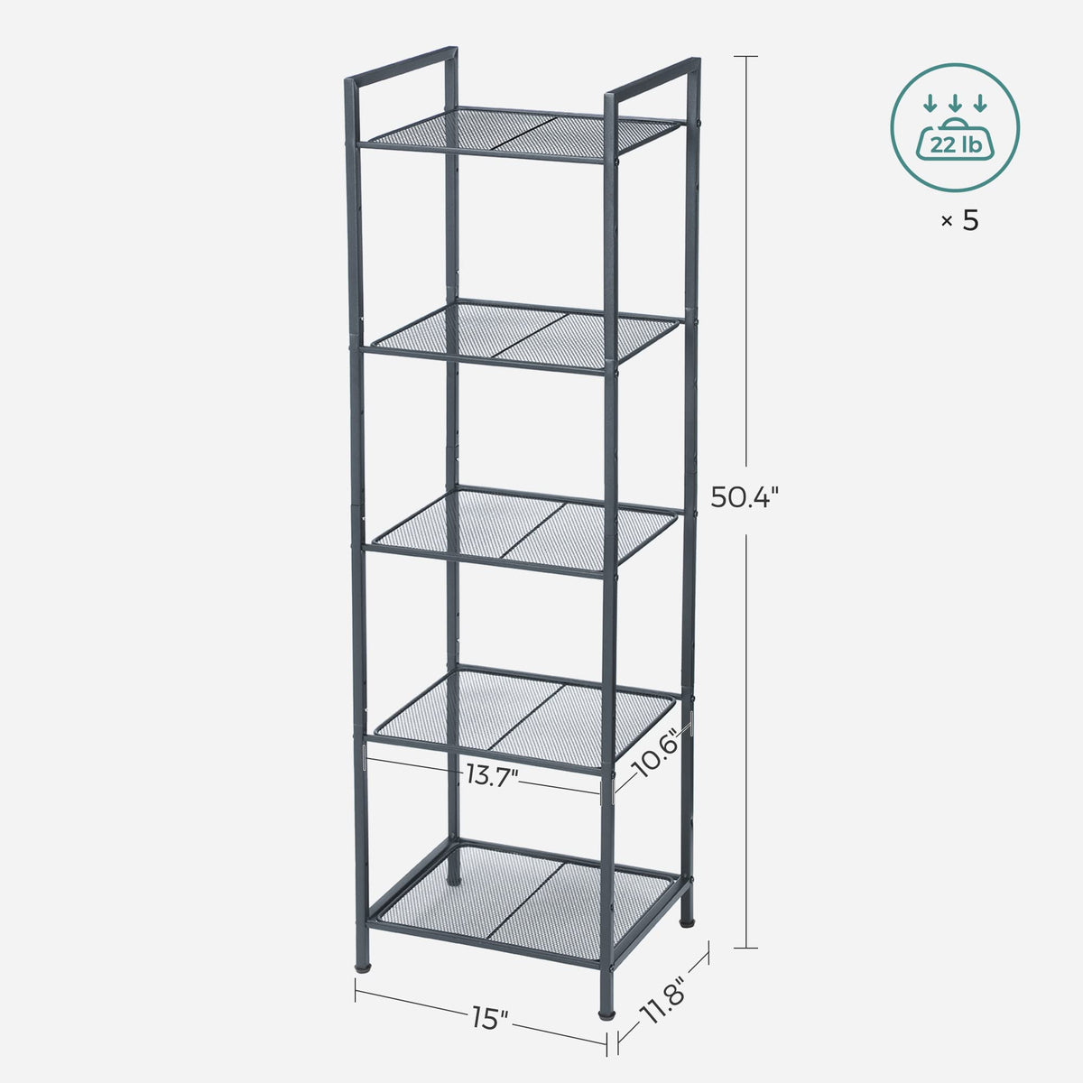 SONGMICS 5-Tier Storage Rack, Bathroom Shelf, Extendable Plant Stand with Adjustable Shelf, for Bathroom, Living Room, Balcony, Kitchen, Black UBSC35BK, 11.8 x 15 x 50.4 Inches