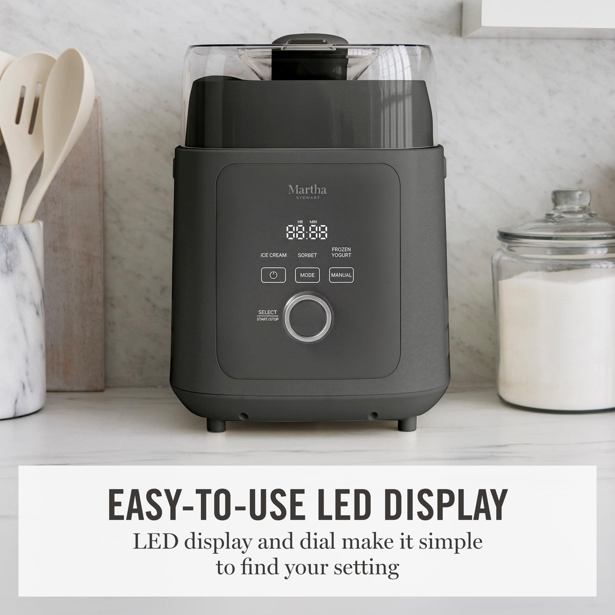 Martha Stewart 1 Quart Ice Cream Maker, Built-In Compressor, No Pre-Freezing Required, 3 Modes (Ice Cream, Sorbet, Frozen Yogurt), Automatic Mix-In Alert, Dishwasher-Safe Parts, Caviar Gray