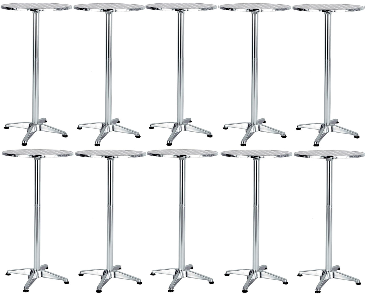 BTEXPERT Set of 10 Commercial 45-Inch Bar Height Round Patio Tables – 23.75" Diameter Aluminum Flip Top Tables with 25.75" Base – Indoor Outdoor Stainless Steel Silver Restaurant Furniture