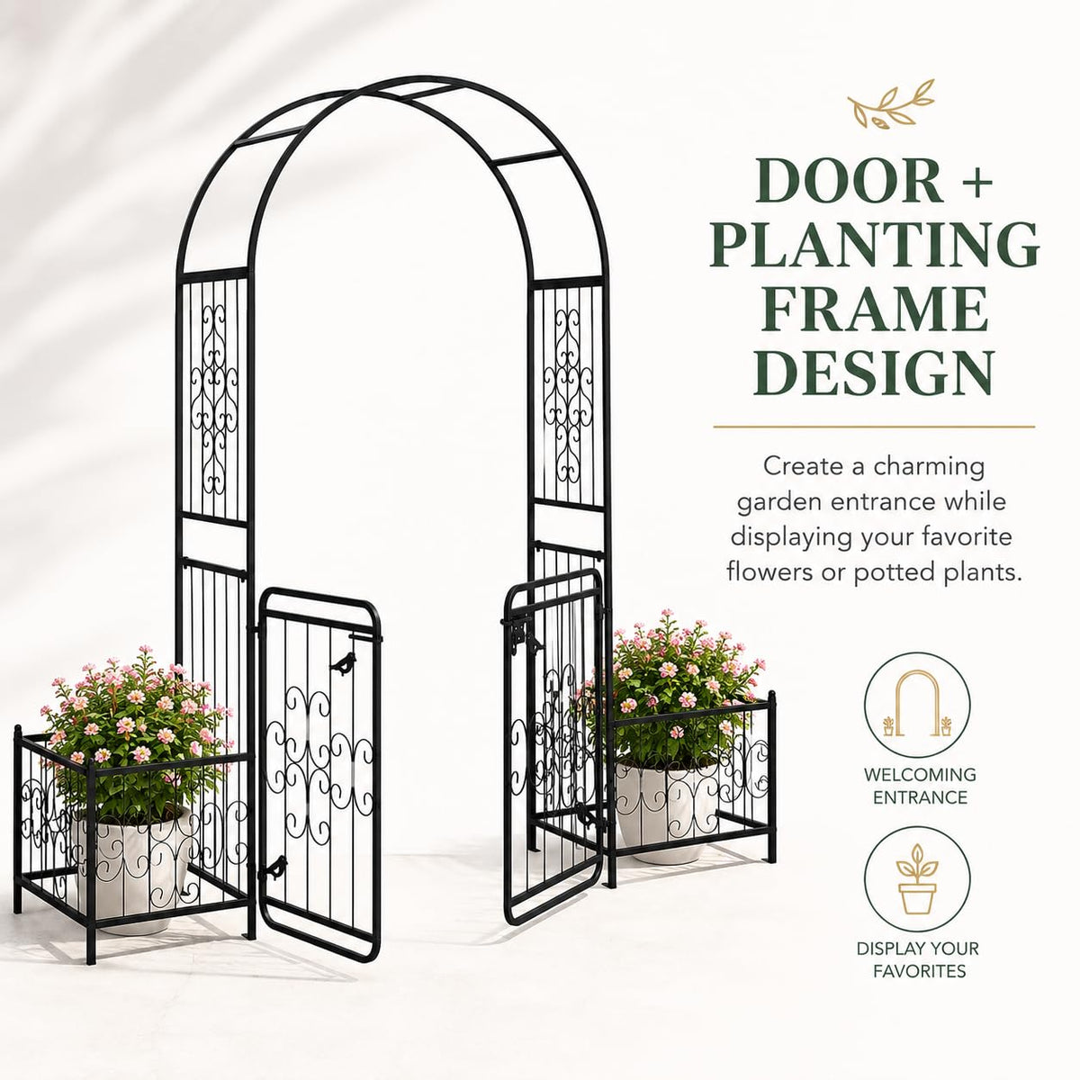 ELOMBR 7.2FT Metal Garden Arch Trellis, Heavy Duty Metal Garden Arbor with Door&Planting Frame for Climbing Plants Outdoor, Double-Layered Trellis Arch for Wedding Ceremony Party, Black, 16mm