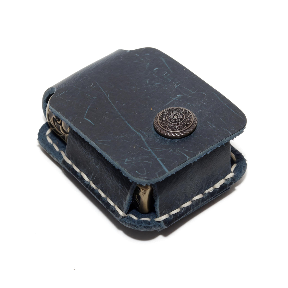 Handmade Leather Lighter Case, Brown, Hand-Stitched with Snap Closure, Vintage Style Protective Holder (Dark Blue)