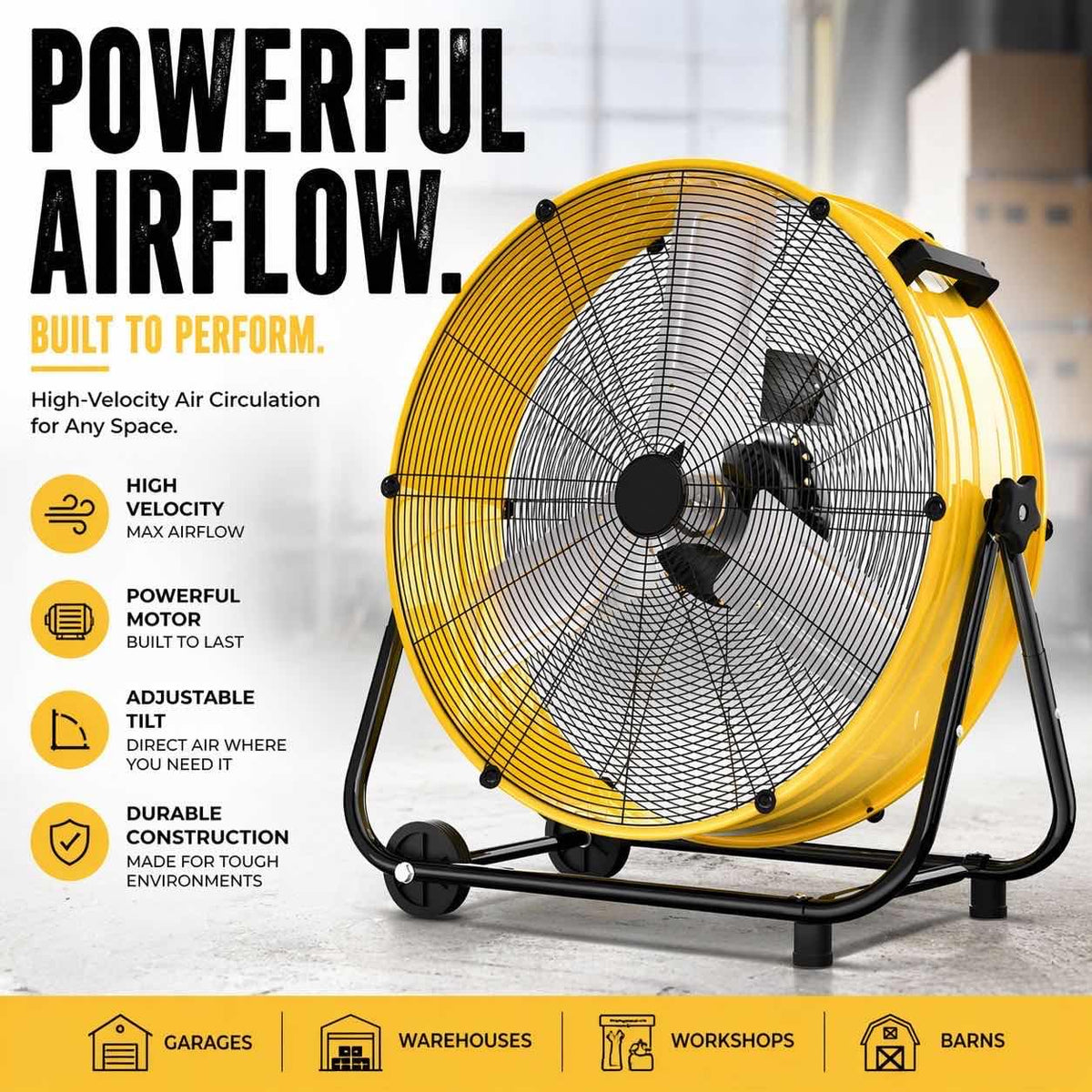 Uthfy 30 Inch High Velocity Floor Fan, 14000CFM Heavy Duty Industrial Drum Fan with 3 Speeds, 360° Tilt Metal Garage Fan with Wheels for Warehouse, Commercial, Workshop, Factory and Gym