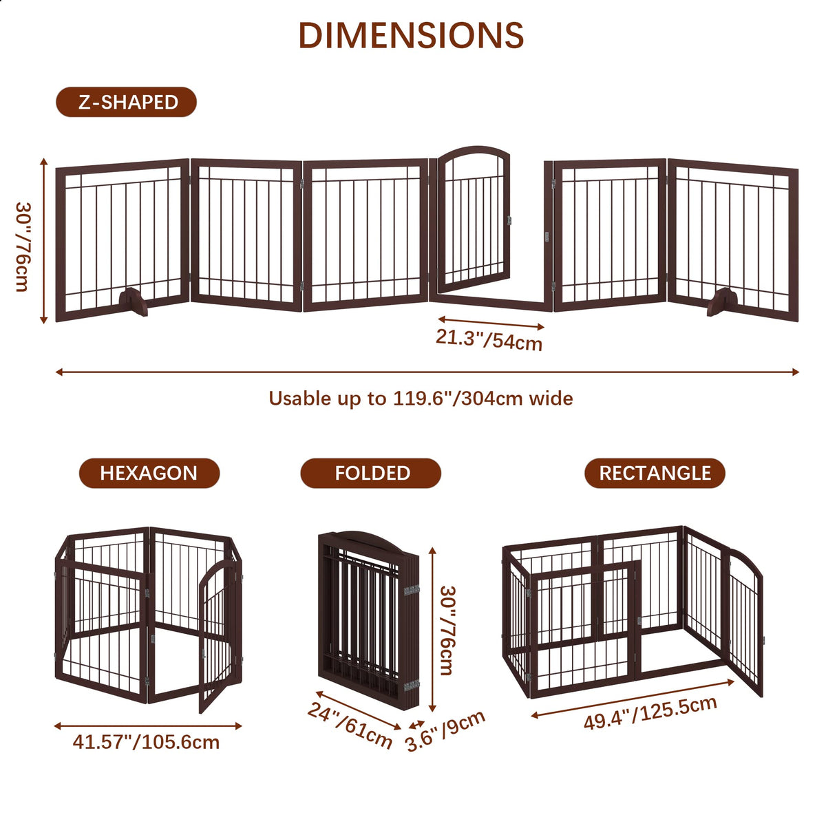 JSB 144-inch Extra Wide 30-inch Tall Dog gate with Door Walk Through, Freestanding Pet Gate for Halls, Stairs & Home, Pet Puppy Safety Dog Fence with 2PCS Support Feet (Espresso)