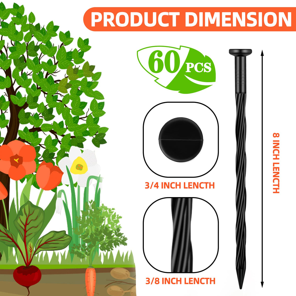 60 Count Plastic Landscape Edging Anchoring Stakes 8-Inch Garden Lawn Yard Landscaping Spikes for Paver Edging, Weed Barrier, Tent, Artificial Turf & More