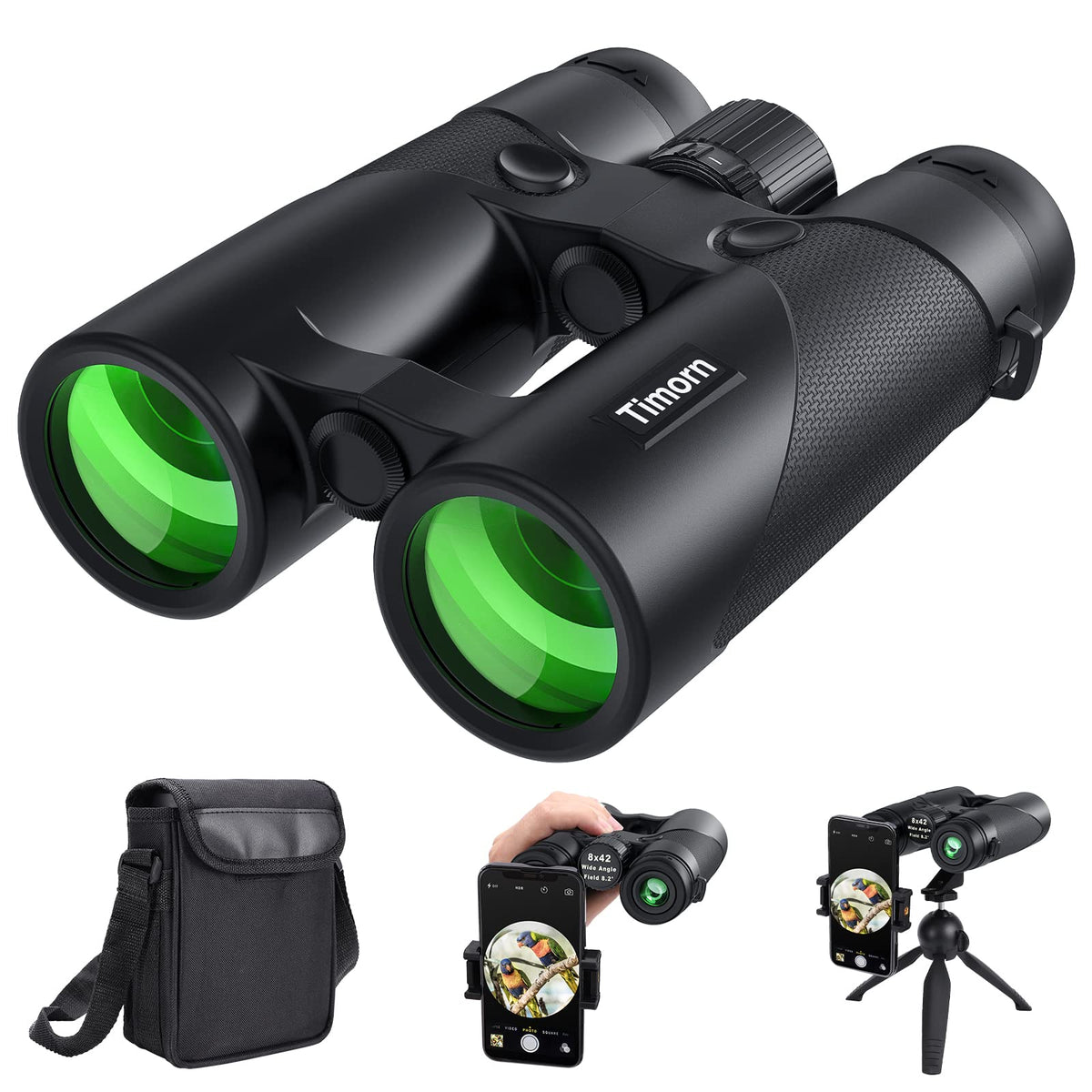 Binoculars for Adults Bird Watching - Timorn HD 8x42 Birding Binocular for Adult High Powered with Phone Adapter Tripod - Waterproof Lightweight Binocular for Travel, Sports, Hiking