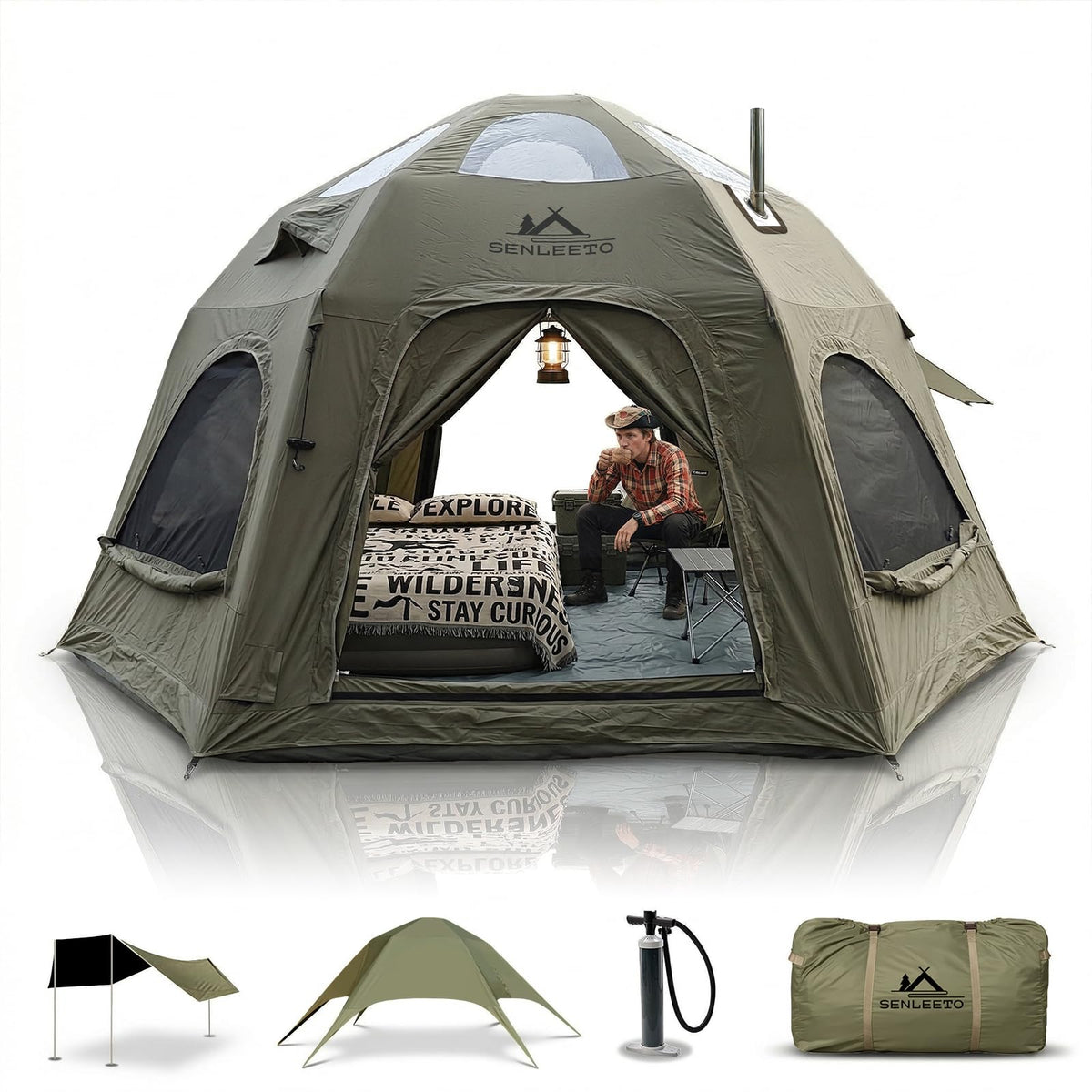 SENLEETO Inflatable Hot Tent with Stove Jack, 6-8 People Luxury 4 Season Inflatable Tents for Camping with Waterproof Large Black-Out Canopy/Rainfly, Glamping Inflatable Tent House Air Tents