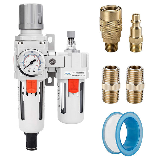 NANPU 3/8" NPT Auto-Drain Air Filter Regulator Lubricator Combo (FRL) Water/Oil Trap Separator - Gauge(0-150 psi), 5 Micron Brass Element, Poly Bowl, Metal Bracket