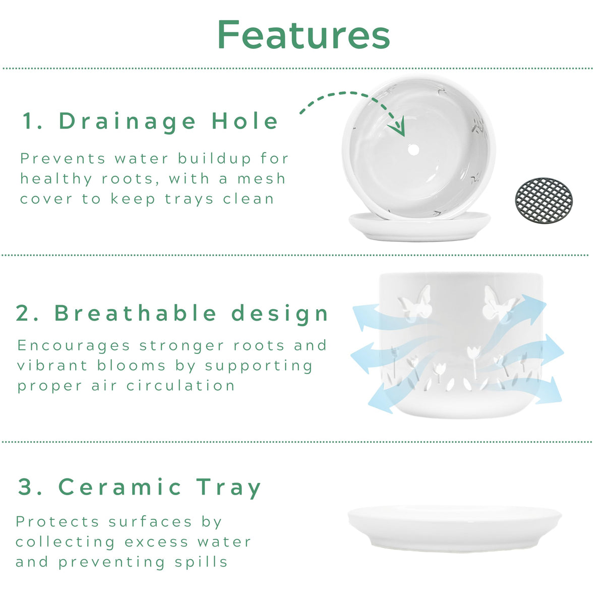 Thriving Thicket 2 Pack, 5 + 6 Inch White Orchid Pots with Butterflies and Tulips Holes and Saucer, Ceramic Orchid Planters for Repotting with Drainage Holes and Tray Indoor Outdoor, Butterfly Gift