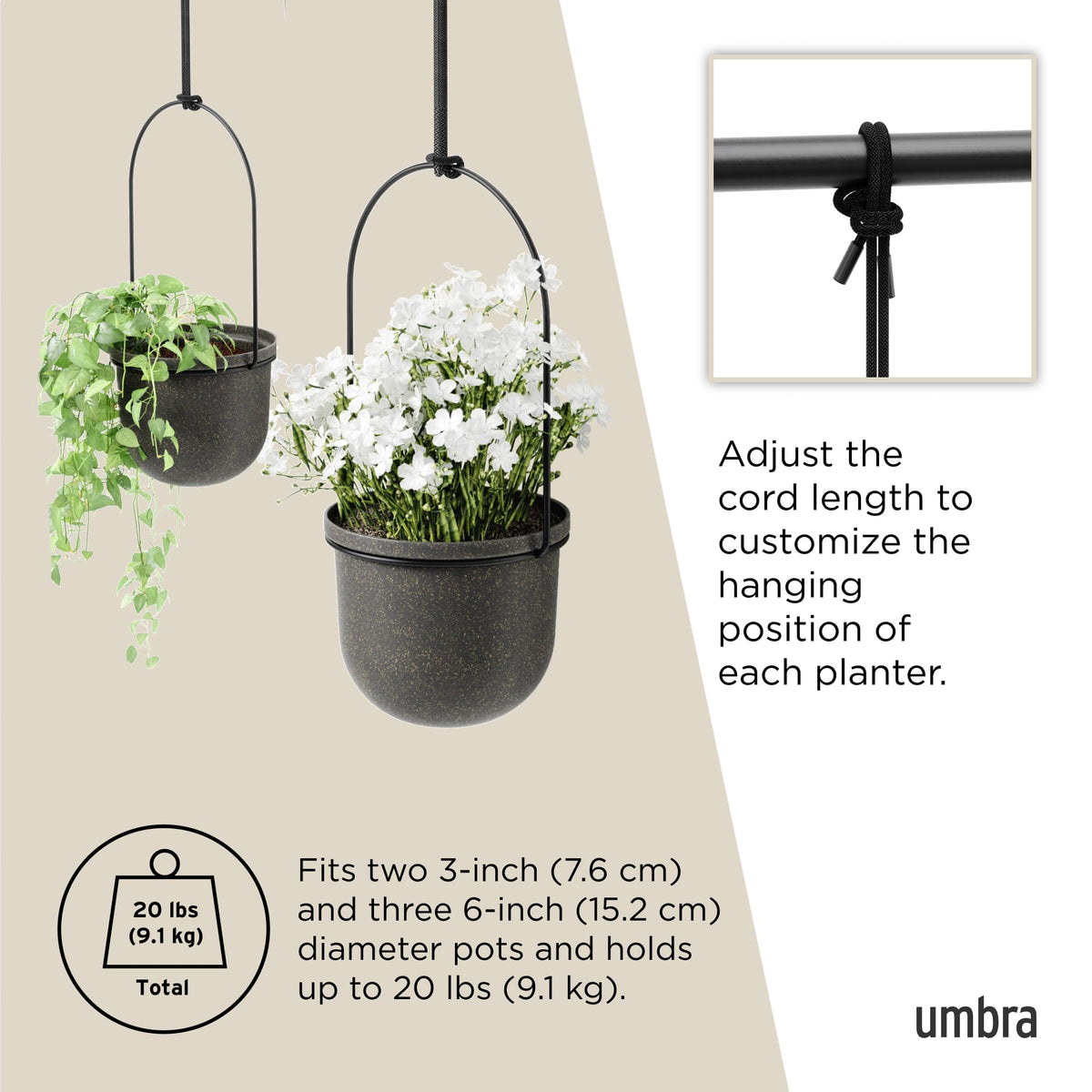 Umbra Triflora Hanging Planter for Window, Indoor Herb Garden, Set of 5, Black