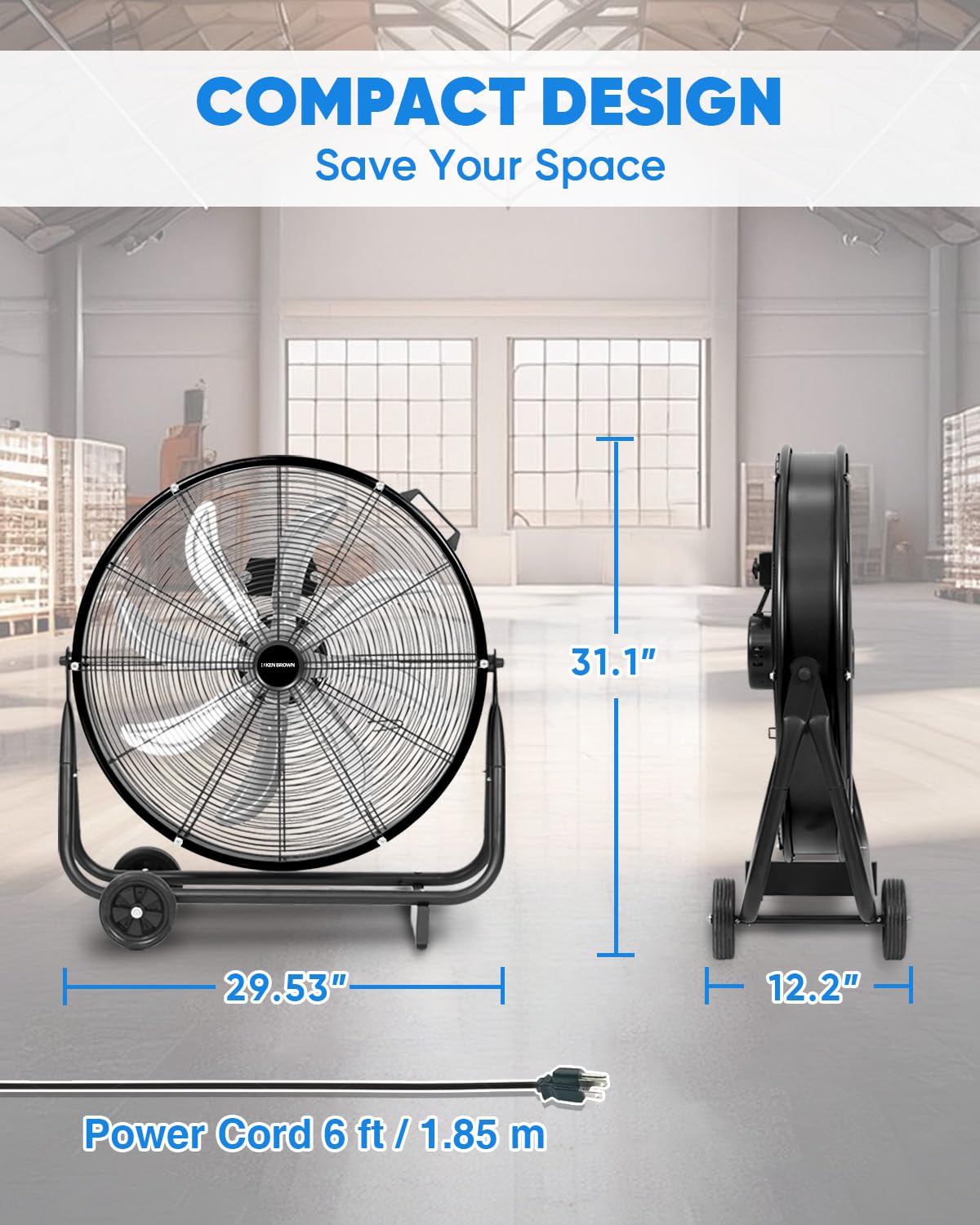 KEN BROWN 24 Inch Industrial Shop Fan, TurboSweep 8 Blades High Velocity Drum Fan, 9500 CFM, Heavy Duty 3 Speeds, 360° Adjustable Tilt for Industrial Commercial Gym Garage