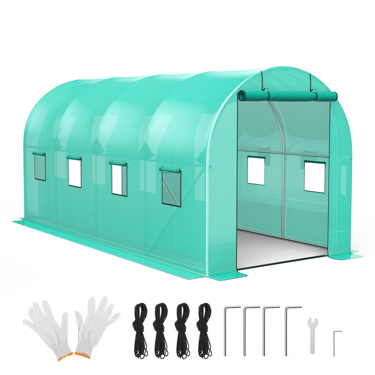 ChicCoutured 15x7x7 ft Walk-in Tunnel Greenhouse with Galvanized Steel Frame & 8 Mesh Windows, Weather-Resistant Outdoor Plant Hot House for Vegetables, Green PE Cover & 2 Roll-Up Zipper Doors