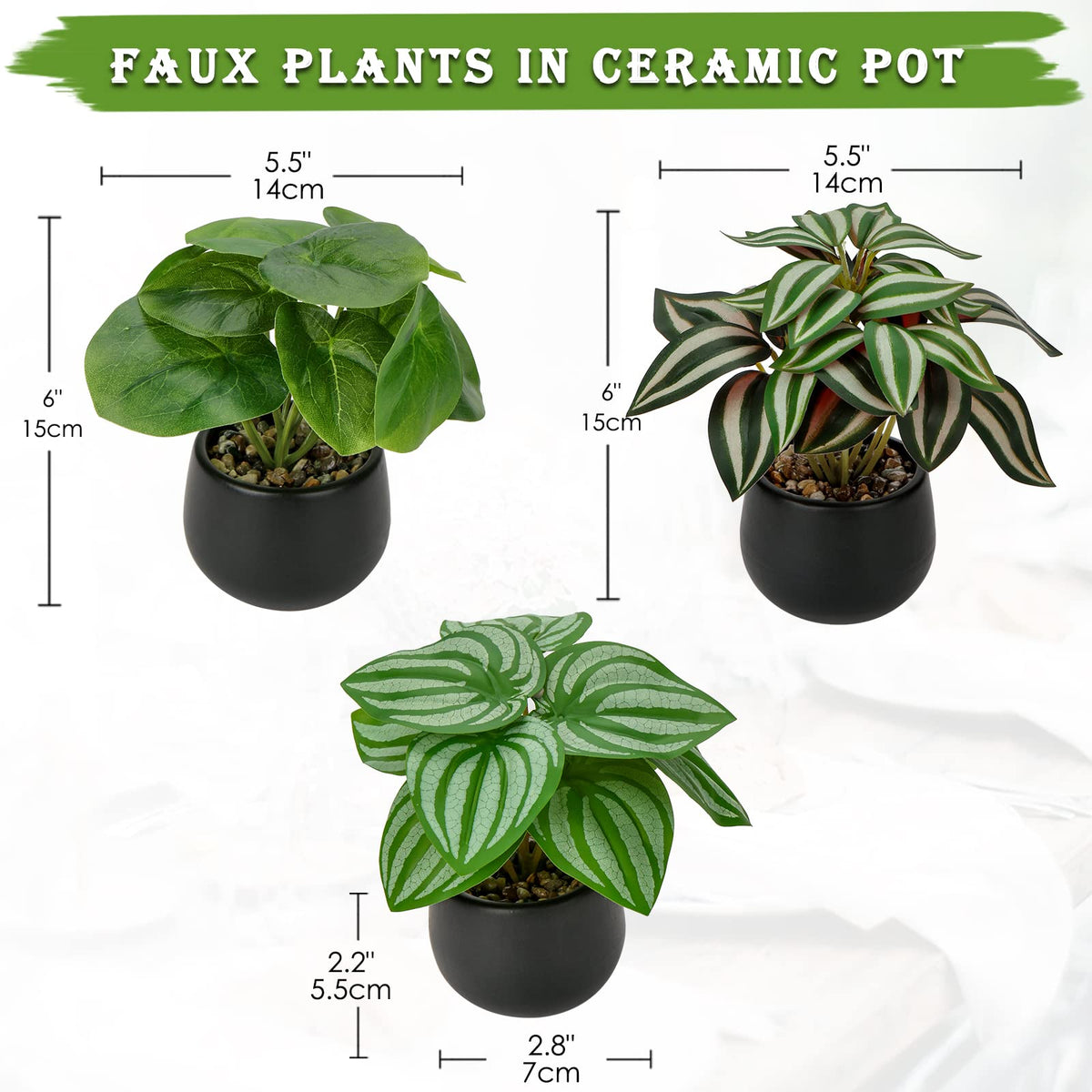 Briful 3PCS Fake Plants Potted Artificial Plants Mini Faux Plants in Black Ceramic Pots Greenery Décor for Home Office Table Room Farmhouse Indoor Decoration