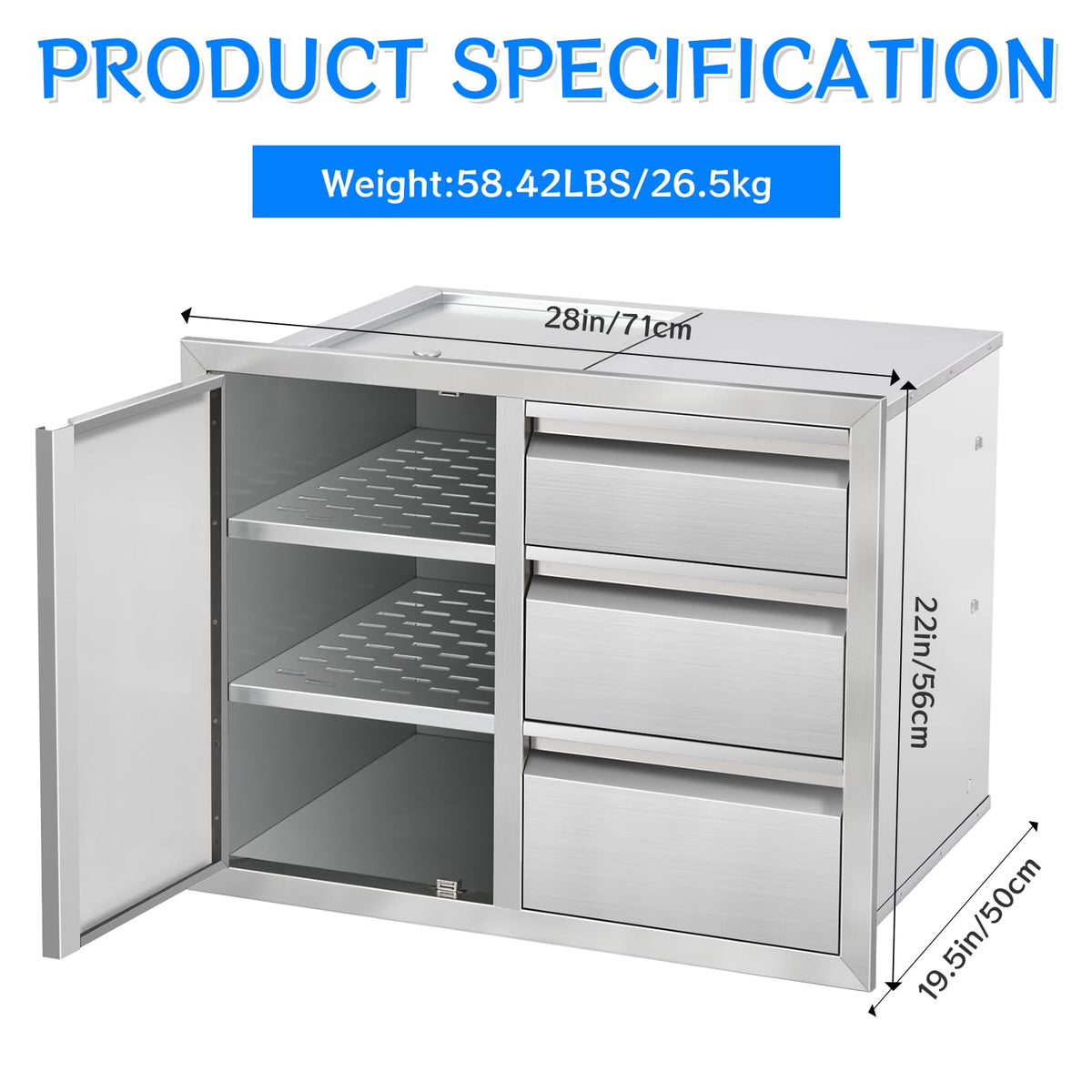 Duluciate Outdoor Kitchen Drawer Combo Cabinet, Stainless Steel Triple Drawers with Integrated Access Door, 28" W x 22" H x 19.5" D Outdoor Built-in Cabinet for BBQ Island Grill Stations