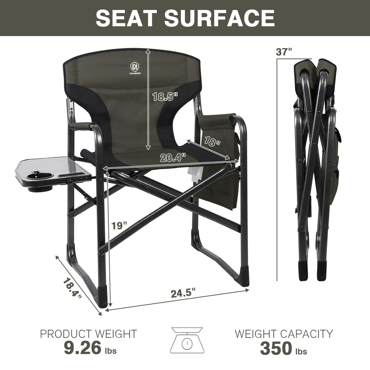 EVER ADVANCED Aluminum Lightweight Folding Director Chair, 350lbs Heavy Duty Camping Chair with Side Table & Storage, 19" Joint-Friendly Height Easy to Stand, Portable Makeup Artist & Vendor Chair