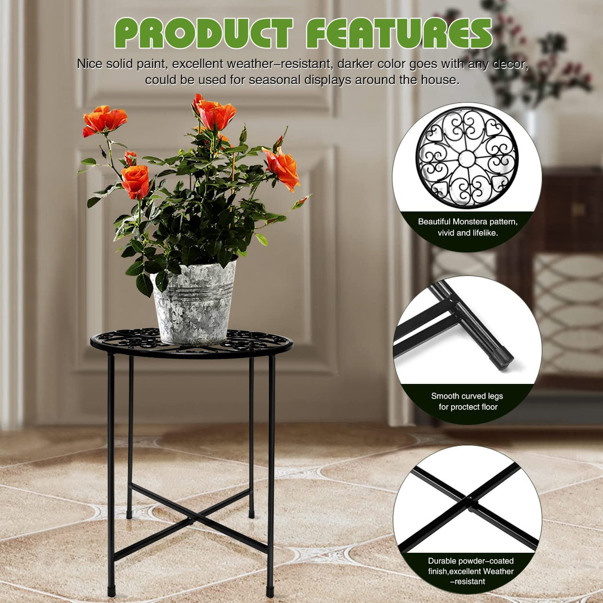 Plant Stand Indoor Outdoor, 15" Tall Flower Pot Stand, Round Metal Corner Plant Stand for Flower Pot, Rustproof Flower Plant Holder for Home, Garden, Patio, Plant Lovers, Housewarming (Set of 1)