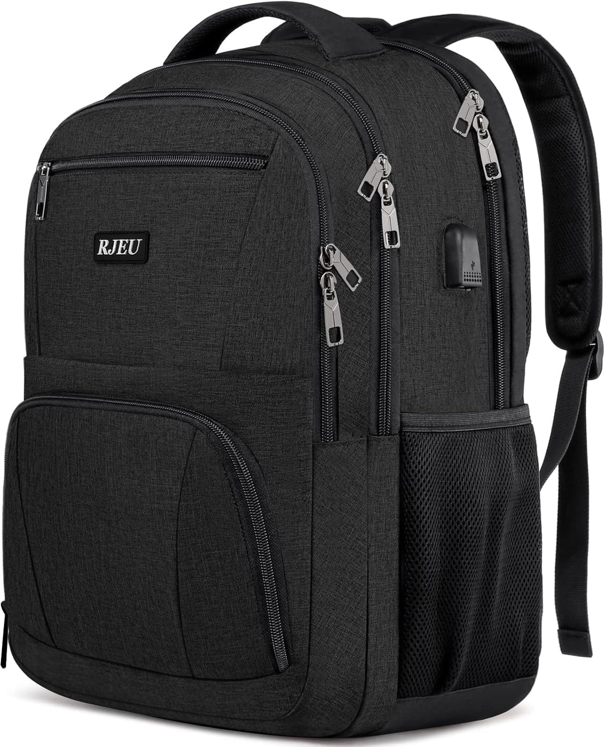 RJEU School Backpack for Teen Boys & College Students - 17.3 Inch Laptop Backpack with USB Charging Port, Anti-Theft Water Resistant Large Bookbag for Men, Travel & Work, Black