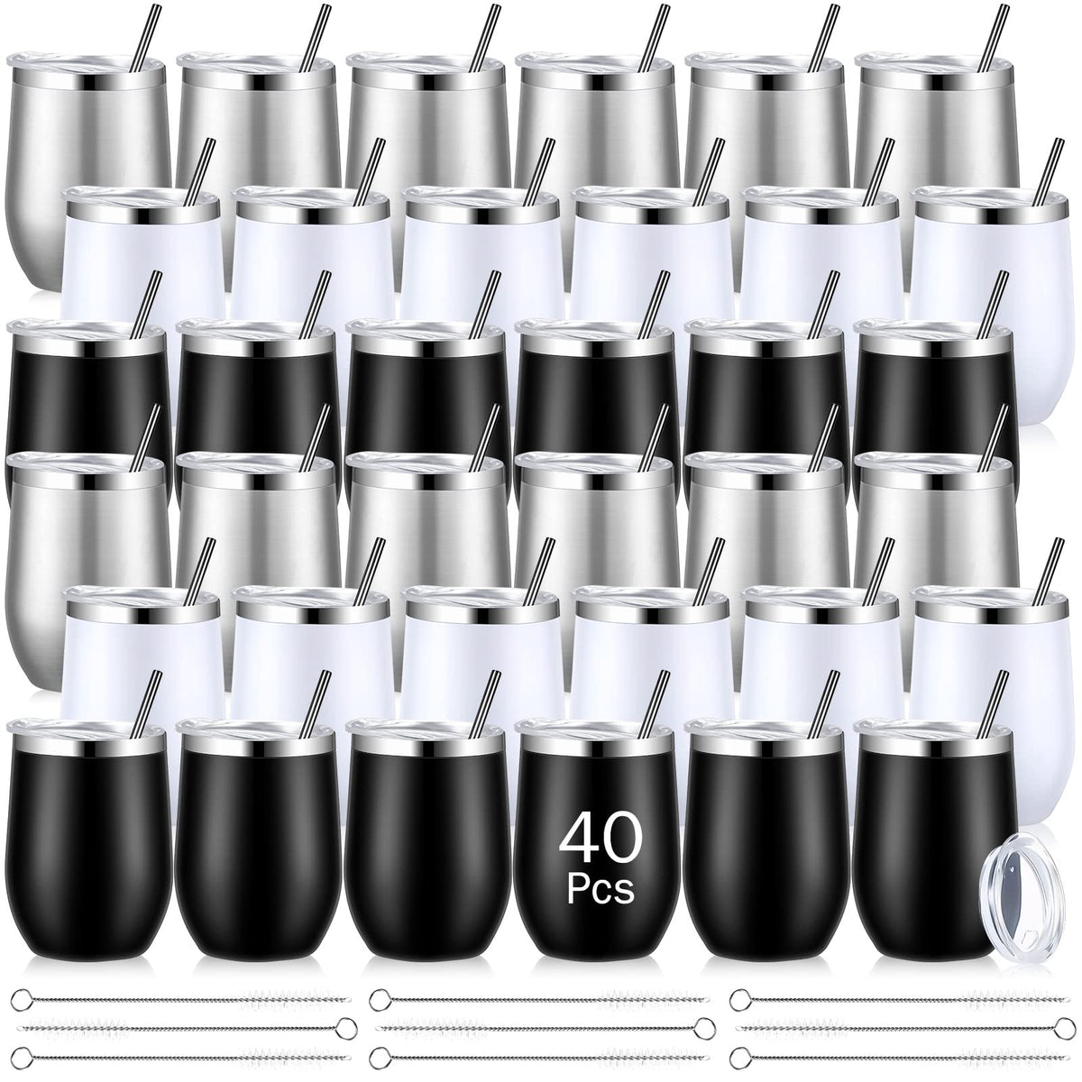 Sieral 40 Pack Insulated Wine Tumblers Bulk 12oz Stainless Steel Wine Cups with Lids & Straws, Double Wall Vacuum Coffee Tumbler for Wedding Party, Employee Teacher Nurse Gifts(Black, White, Silver)