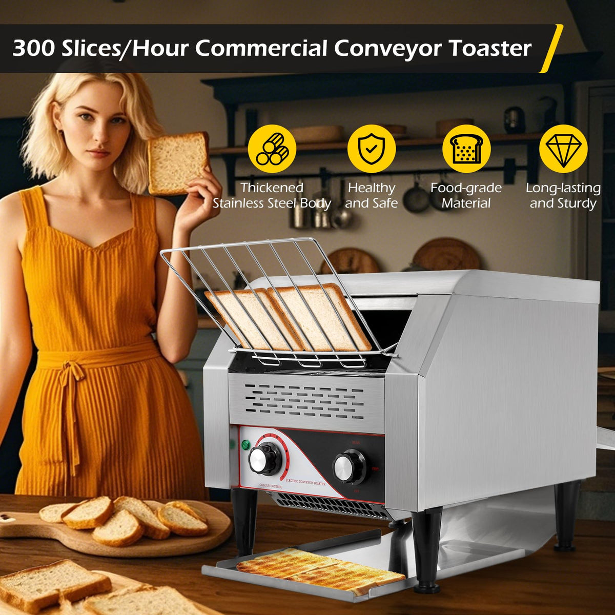 Dyna-Living Commercial Toaster 300 Slices/Hour Conveyor Toaster Commercial 1900W Heavy-duty Stainless Steel Rotating Toasters Oven for Restaurant, Conveyor Belt Toasters for Bun, Bagel, Bread