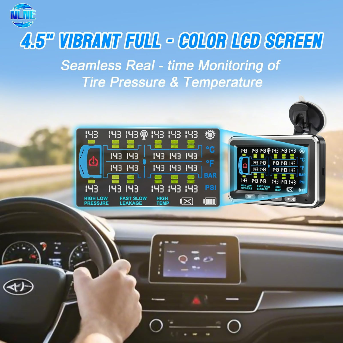 NLNE Trailer Tire Pressure Monitoring System 8 Sensors, 4.5" RV TPMS with Flow Through Sensor,6 Alerts Modes Monitor for Semi Truck/Camper/5th Wheel,Motorhome,Signal Booster,0-188PSI(4-22 Sensors)