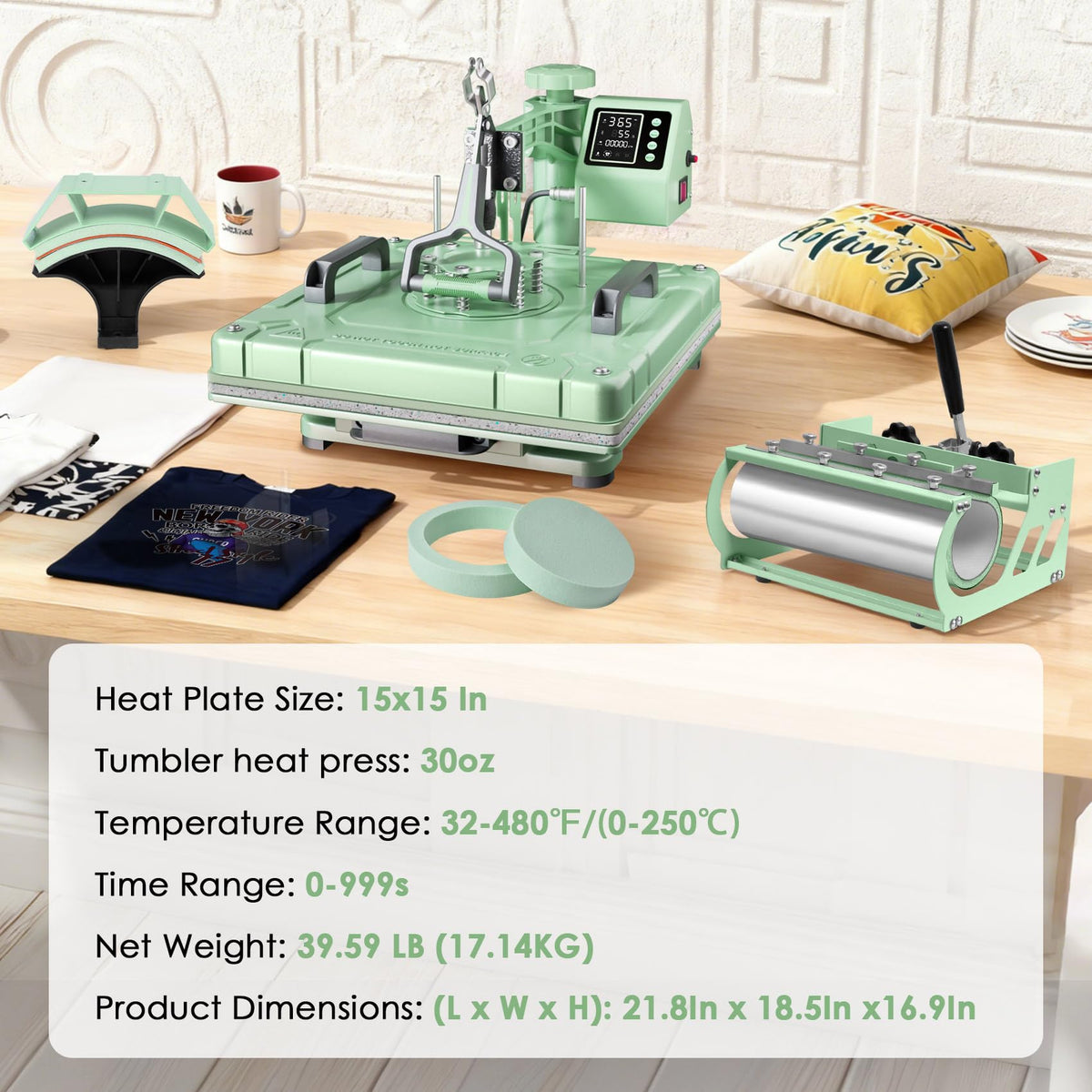 Seeutek Heat Press Machine 15x15 Inch, 5 in 1 Swing Away Sublimation Heat Transfer Press with 20oz & 30oz Tumbler Attachments for T-Shirts, Mugs, Hats & Plates, Green
