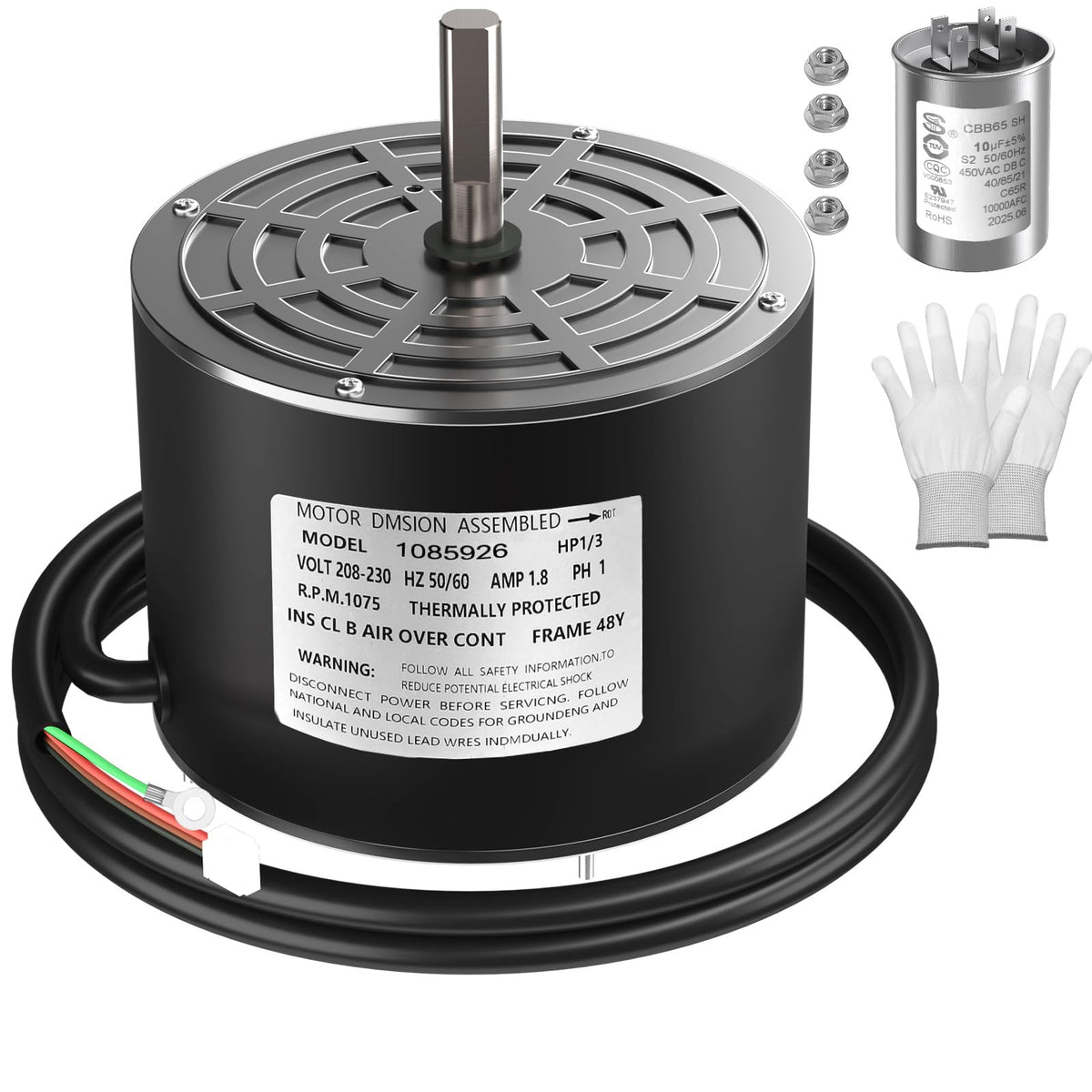 Xicbie 1085926 1/3 HP 208-230V 1075RPM CW Condenser Fan Motor – Original Replacement for K55HXGDD-8119, K55HXPS-7301 | Durable Aluminum Housing for Residential & Commercial HVAC