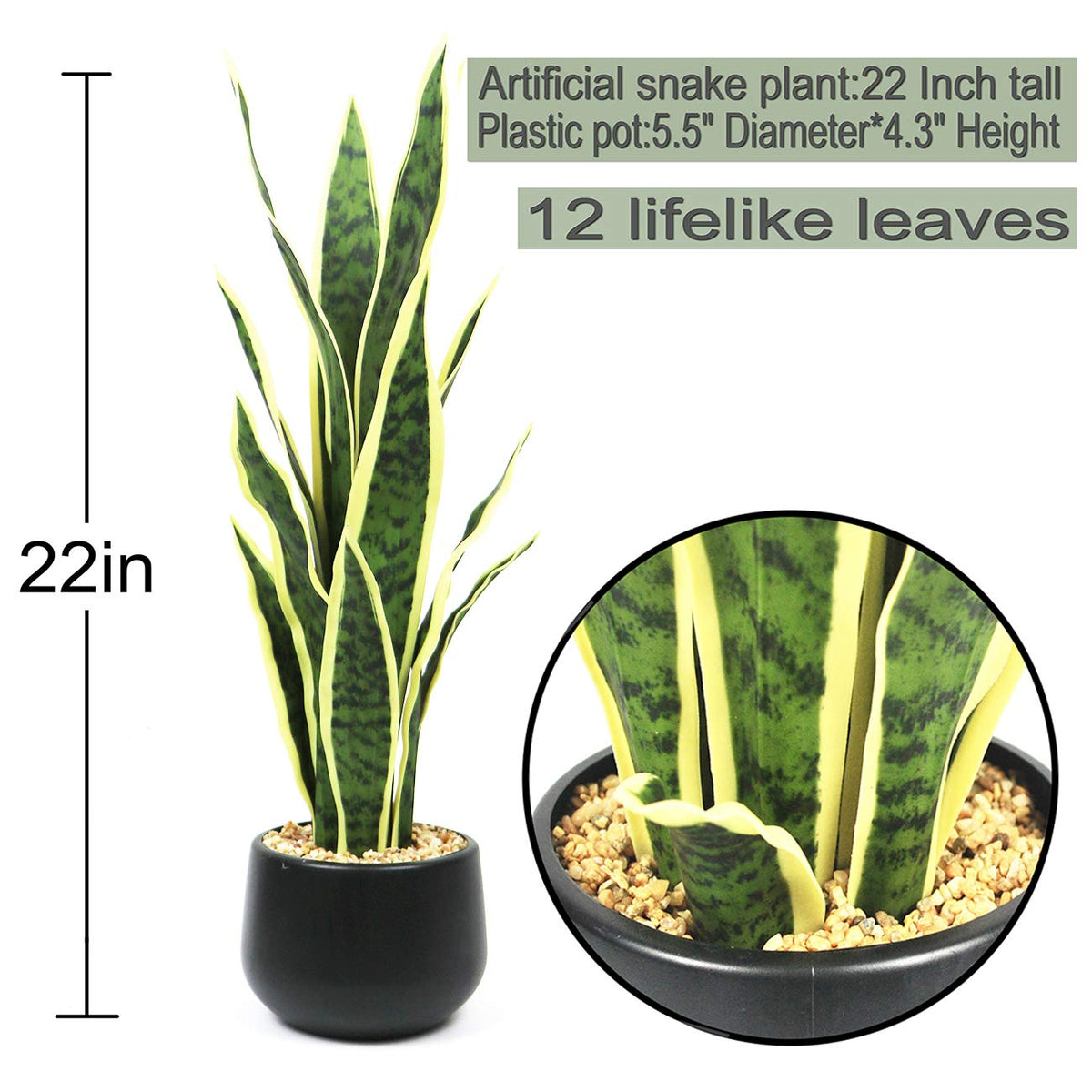 Beebel Artificial Snake Plant 22" Fake Sansevieria Potted Plants Plastic Greenery Perfect Faux Agave Plant for Home Garden Office Store Decoration
