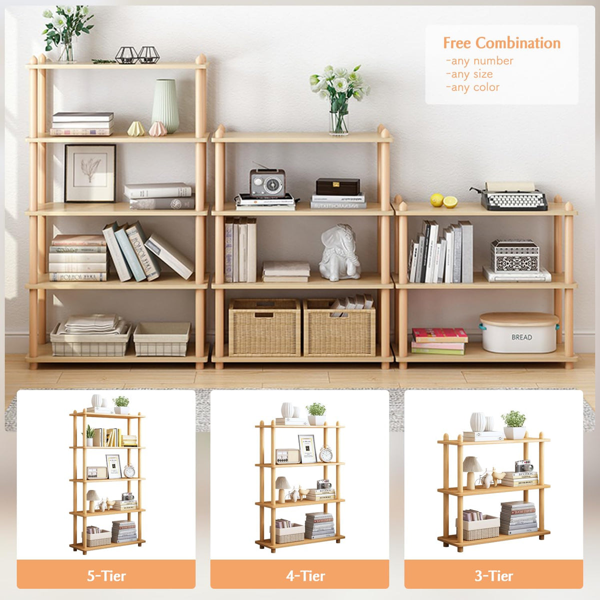 IOTXY 3-Tier Wooden Shelf Bookcase - Modern Open Bookshelf, Free Standing Storage Rack, Multifunctional Display Stand for Home and Office, White, Rectangle