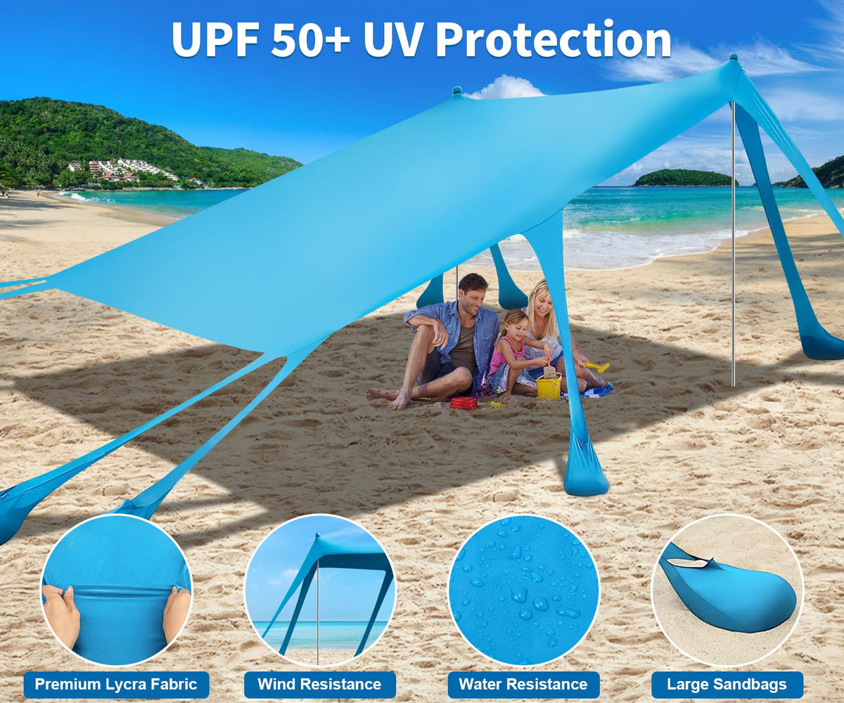 13x10FT Beach Tent Sun Shelter – UPF50+ Outdoor Canopy with 10 Sandbags, Sand Shovel, Ground Pegs & Stability Poles – Portable Shade for Camping, Fishing, Picnics & Beach Trips