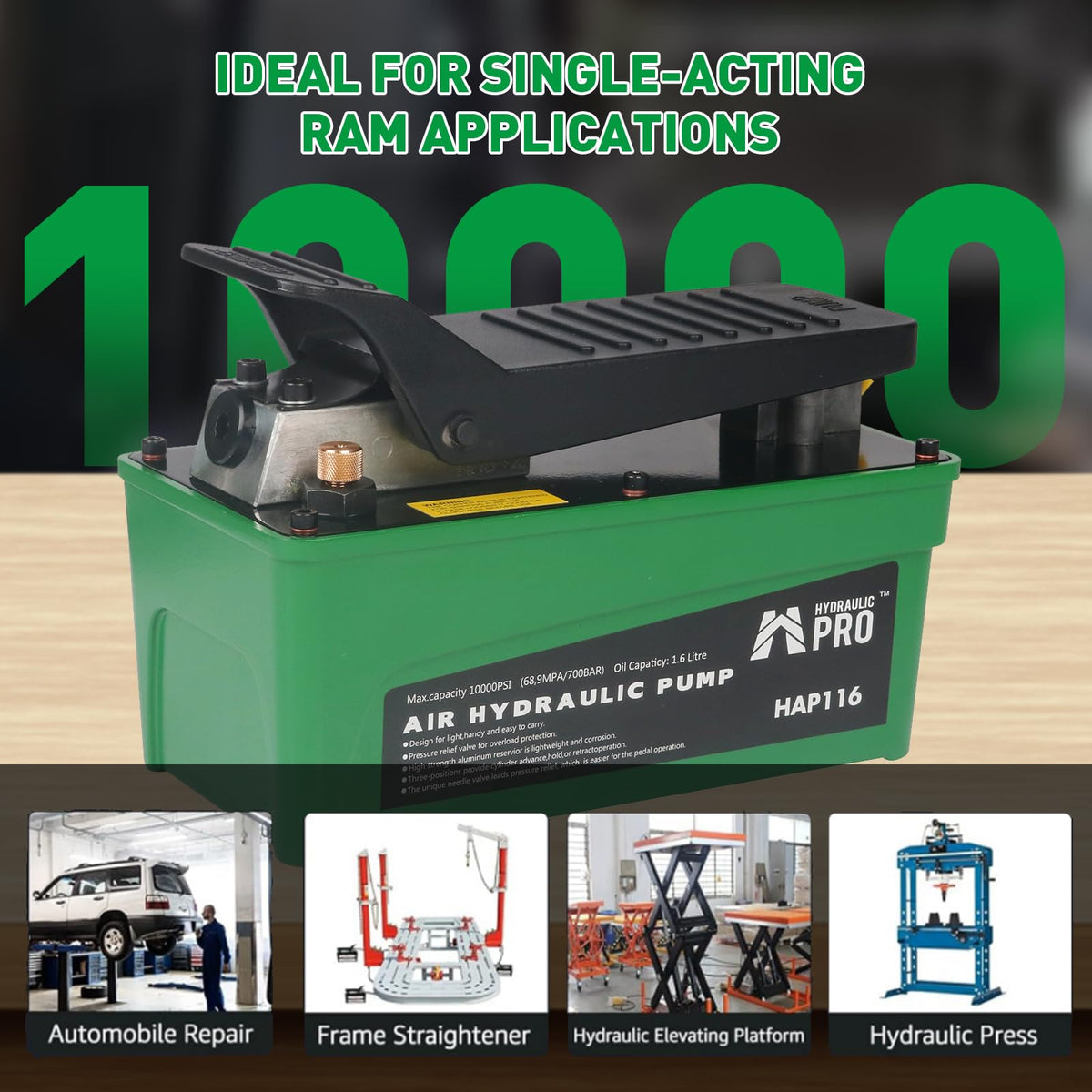 HYDRAULIC PRO 10,000 PSI Air Hydraulic Pump, 1.6L Reservoir, NPT 3/8" Oil Outlet, NPT 1/4" Inlet, Foot Pedal Operated, for Auto Body Frame Machines, Hydraulic Press, and Hole Punch, Green