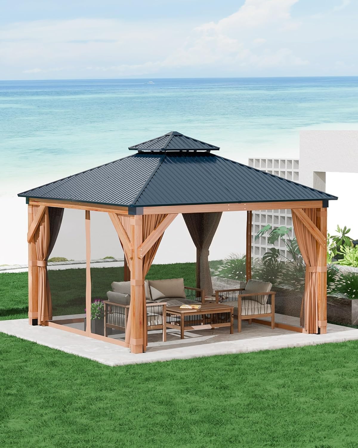 PeakPursuit Heavy Duty Hardtop Spruce Wood Gazebo 10'x10' – Double Metal Roof, 4.7'' Reinforced Poles, Waterproof Outdoor Pavilion with Curtains & Mosquito Netting – Ideal for Patio, Deck, Backyard