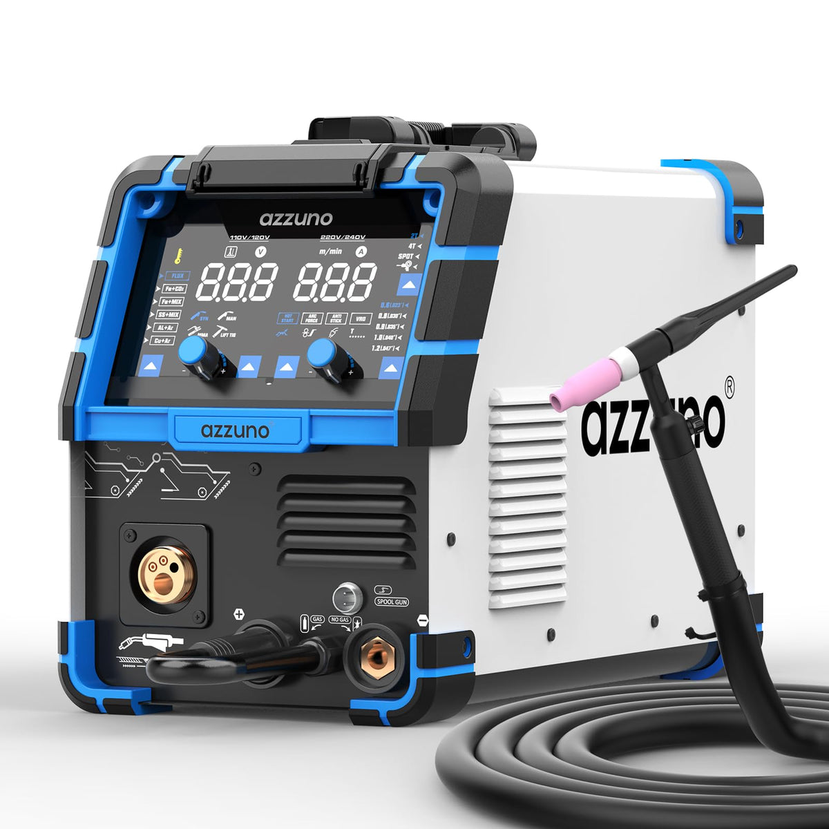 AZZUNO 200A MIG Welder+Lift TIG Welding Torch WP-17V(35-50mm²), 110V/220V 8 in 1 Welder Machine Aluminum MIG/Gas MAG/Gasless Flux Core MIG/Gas MIG/Spot MIG/Spool Gun Compatible/Lift TIG/Stick Welding