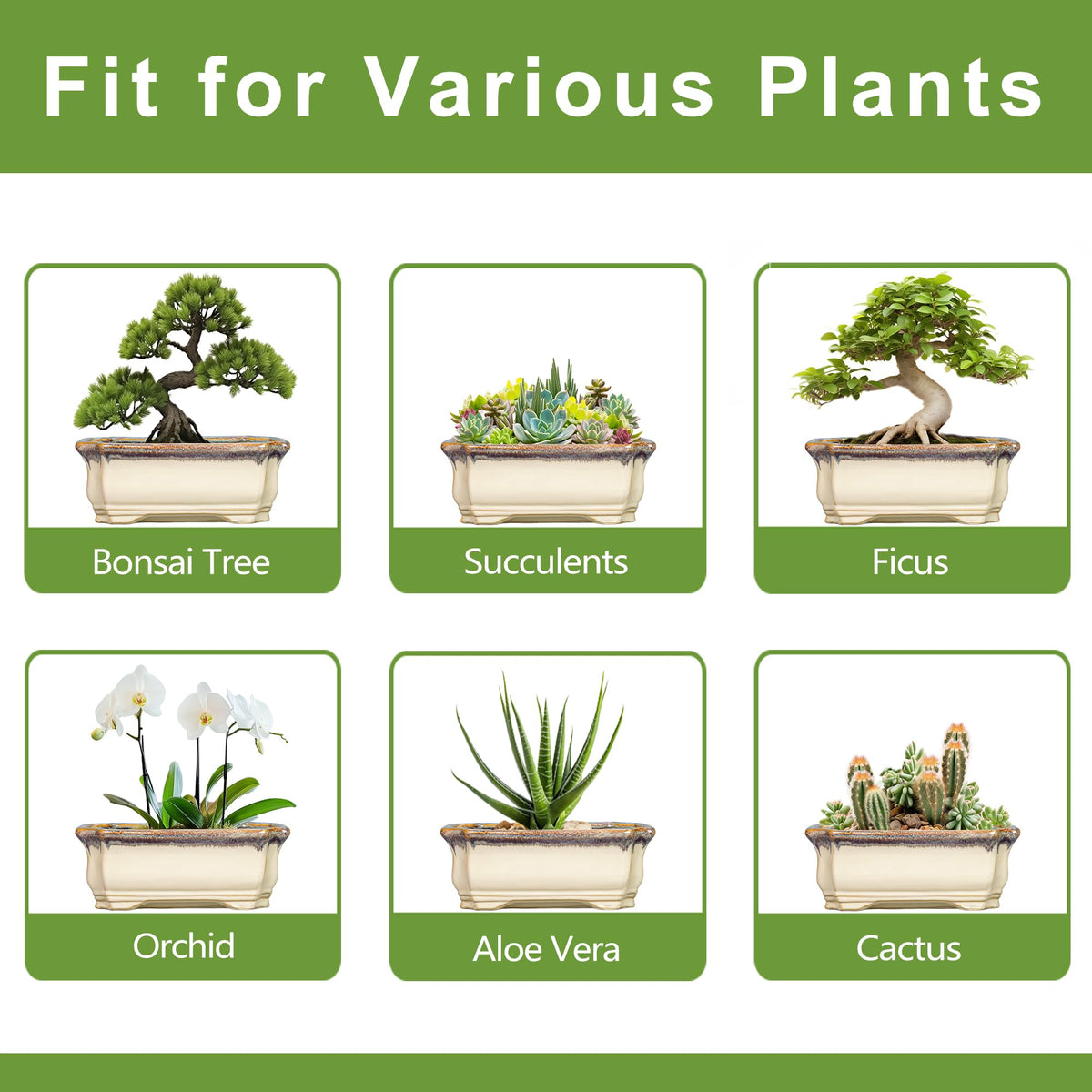 Teagas 11.6 Inch Succulent Pots - Ceramic Bonsai Tree Pots with Drainage Hole, Succulent Planters for Indoor Plants Outdoor, Bonsai Planter, Garden Decor, House Warming Gifts, Rectangular Beige-Brown