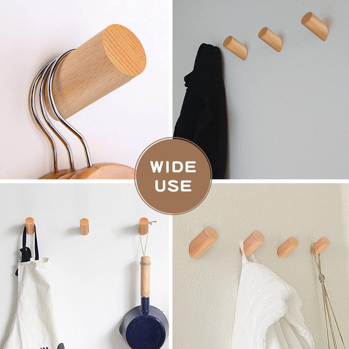 Felidio Wood Wall Hooks, 3 Pack Rustic Coat Hook Wall-Mounted, Decorative Hooks for Hanging Coats Hats Towels Robes Hat Rack for Wall (Beech Wood)
