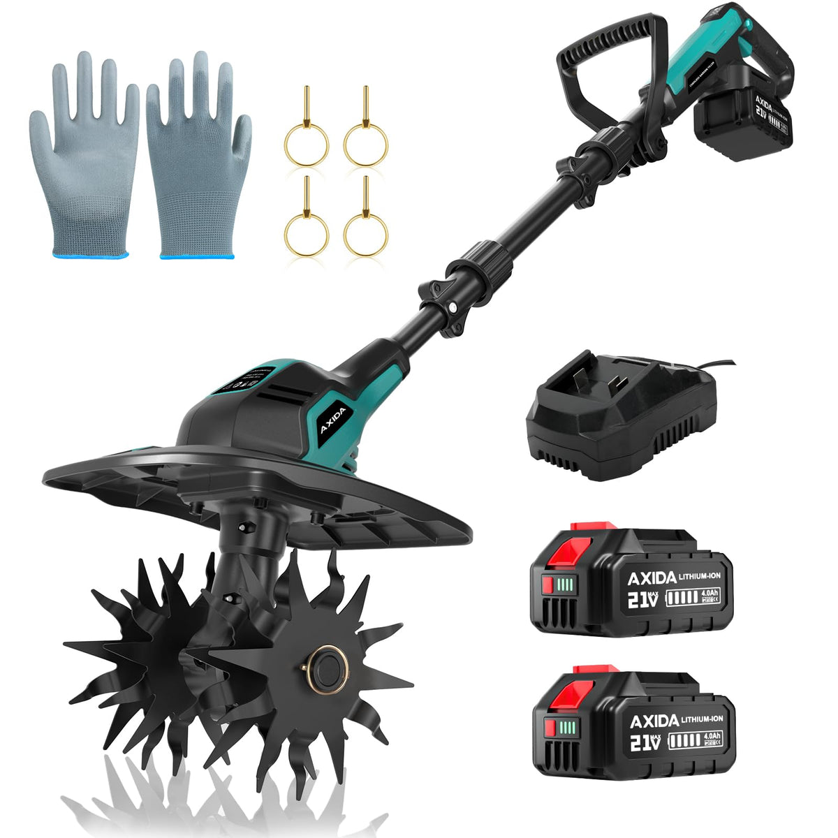 20V Cordless Garden Tiller Cultivator with 2 * 4.0Ah Batteries & Charger 360RPM Electric Tiller with 4 Steel Tines,9in Tilling Width＆6.6in Depth Garden Rototiller for Lawn/Gardening/Soil Cultivation