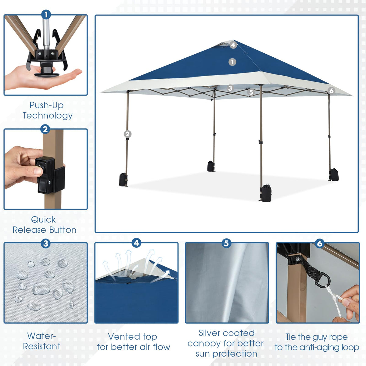 OUTDOOR LIVING SUNTIME 13x13 Instant Easy Pop Up Canopy,Portable Commercial Gazebo Camping Gazebo Tent Shelter with Wheeled Roller Carry Bag, Bonus Weight Sandbags, Stakes, Ropes - Navy