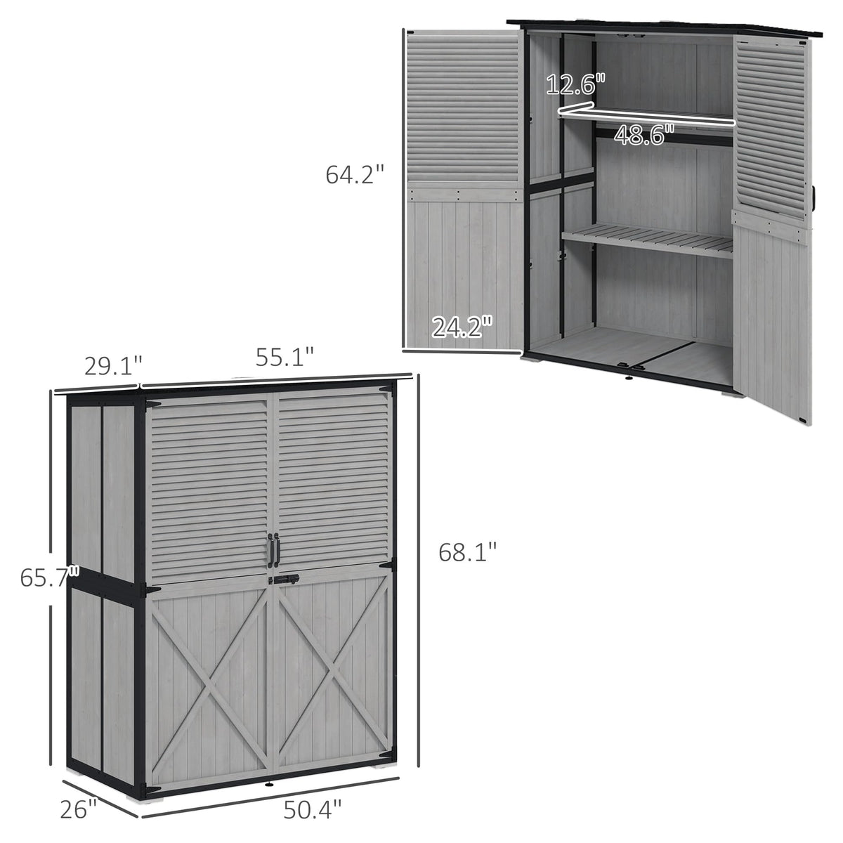 Outsunny Outdoor Storage Cabinet, Wood Garden Tool Shed with Lock, Steel Frame and Asphalt Roof, Garden Storage Shed with Adjustable Shelves and Feet for Patio Backyard Lawn, Gray