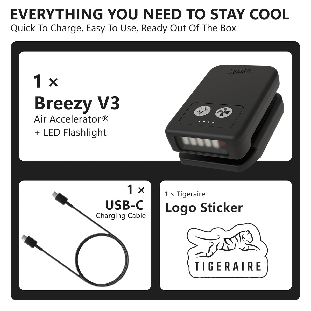 Tigeraire Breezy Clip-On Hat Fan for Sportsmen & Tradesmen - Lightweight Head Cooler, USB-C Recharge, 11 MPH Airflow, 10+ Hr Runtime, Defogs Eyewear & Face Shields - Portable Heat Relief - Black