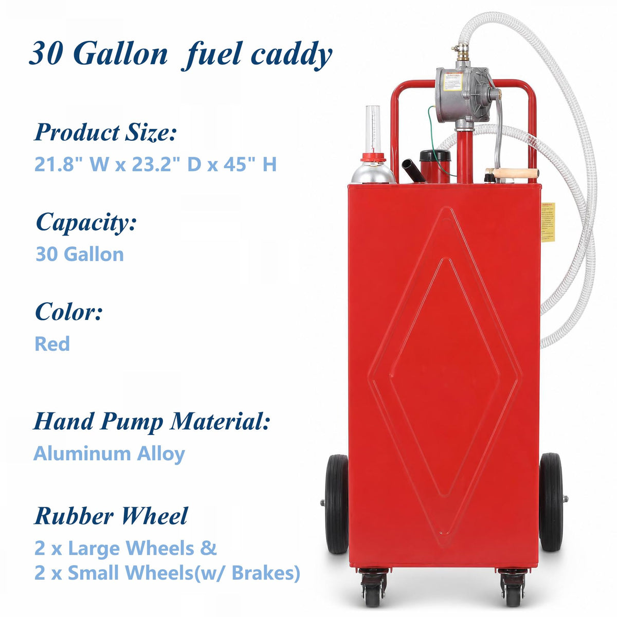 Upgrade 30-Gallon Portable Fuel Transfer Tank with Manual Pump, Heavy-Duty Gasoline & Diesel Caddy on 4 Wheels, Mobile Fuel Storage Container for Cars, Trucks, Boats, Lawn Mowers & Farm Equipment, Red