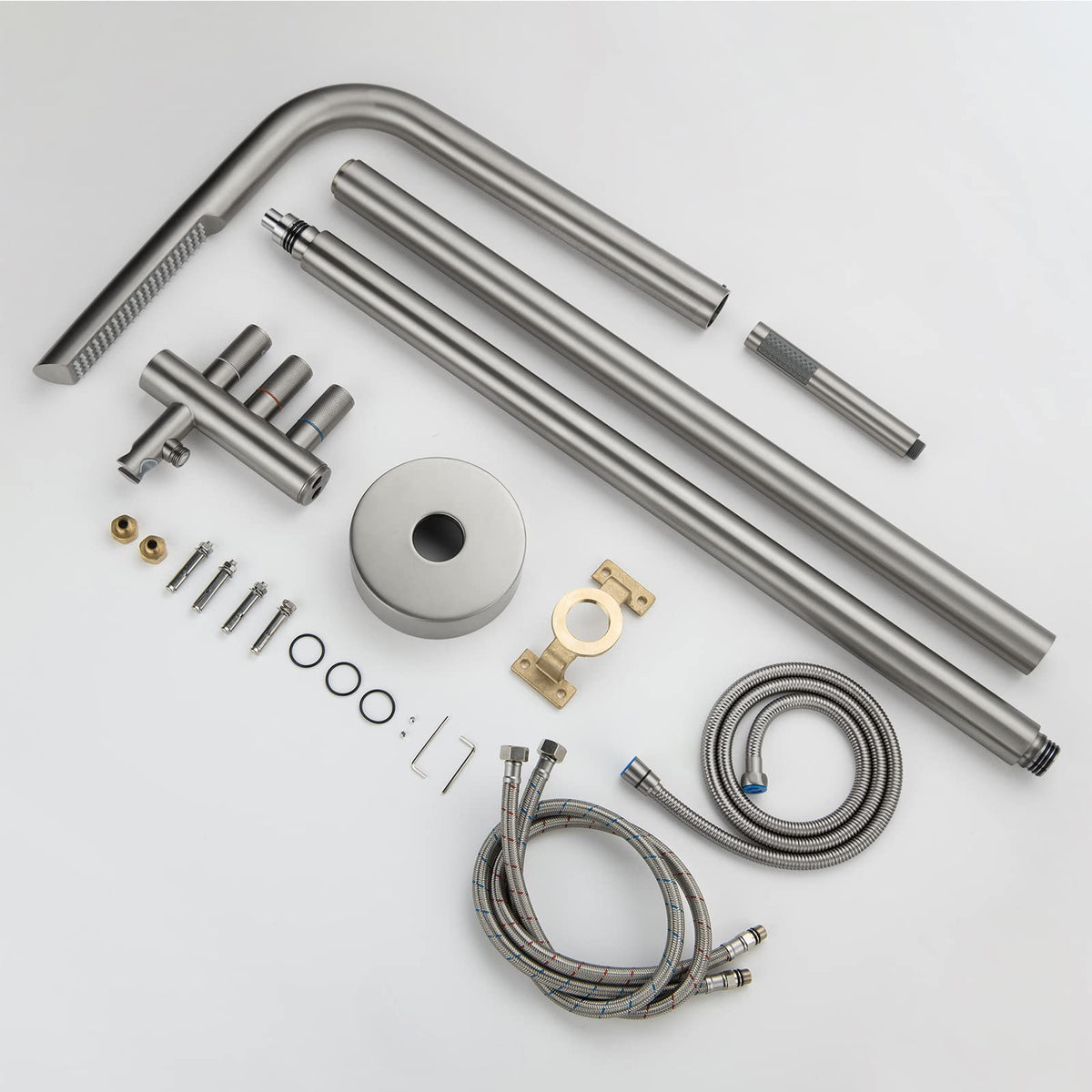 RBROHANT Outdoor Shower Brass Outside Shower Kit for Backyard Garden Pool Beach, Freestanding Outdoor Shower Fixtures with Overhead Shower Head and Handheld, Floor Mounted, Brushed Nickel, RB0089