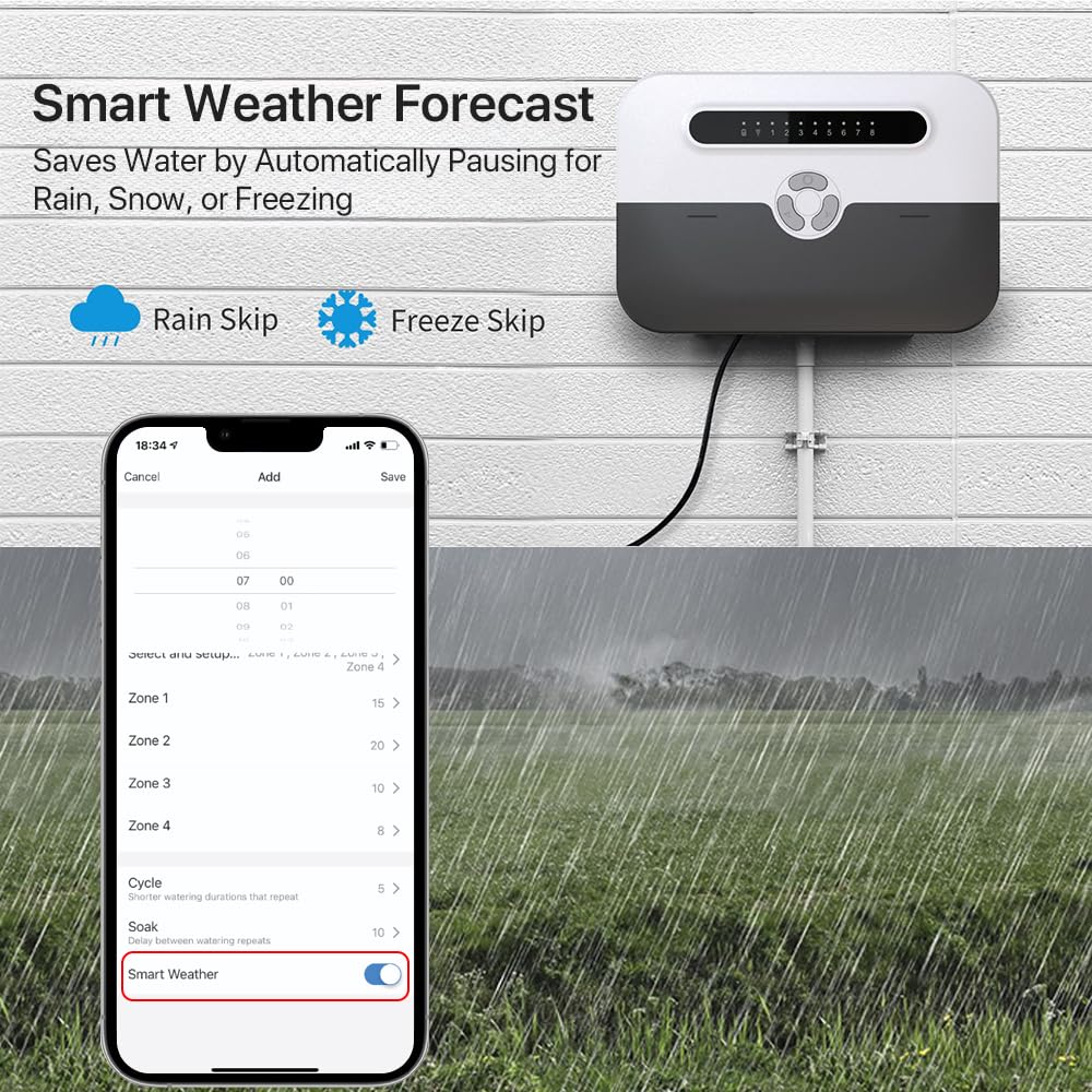 Smart Sprinkler Controller, 8 Zone WiFi Irrigation Controller with APP Control, Indoor Outdoor Automatic Water Timer, Weather-Based Skip & Custom Schedules, Easy DIY Installation