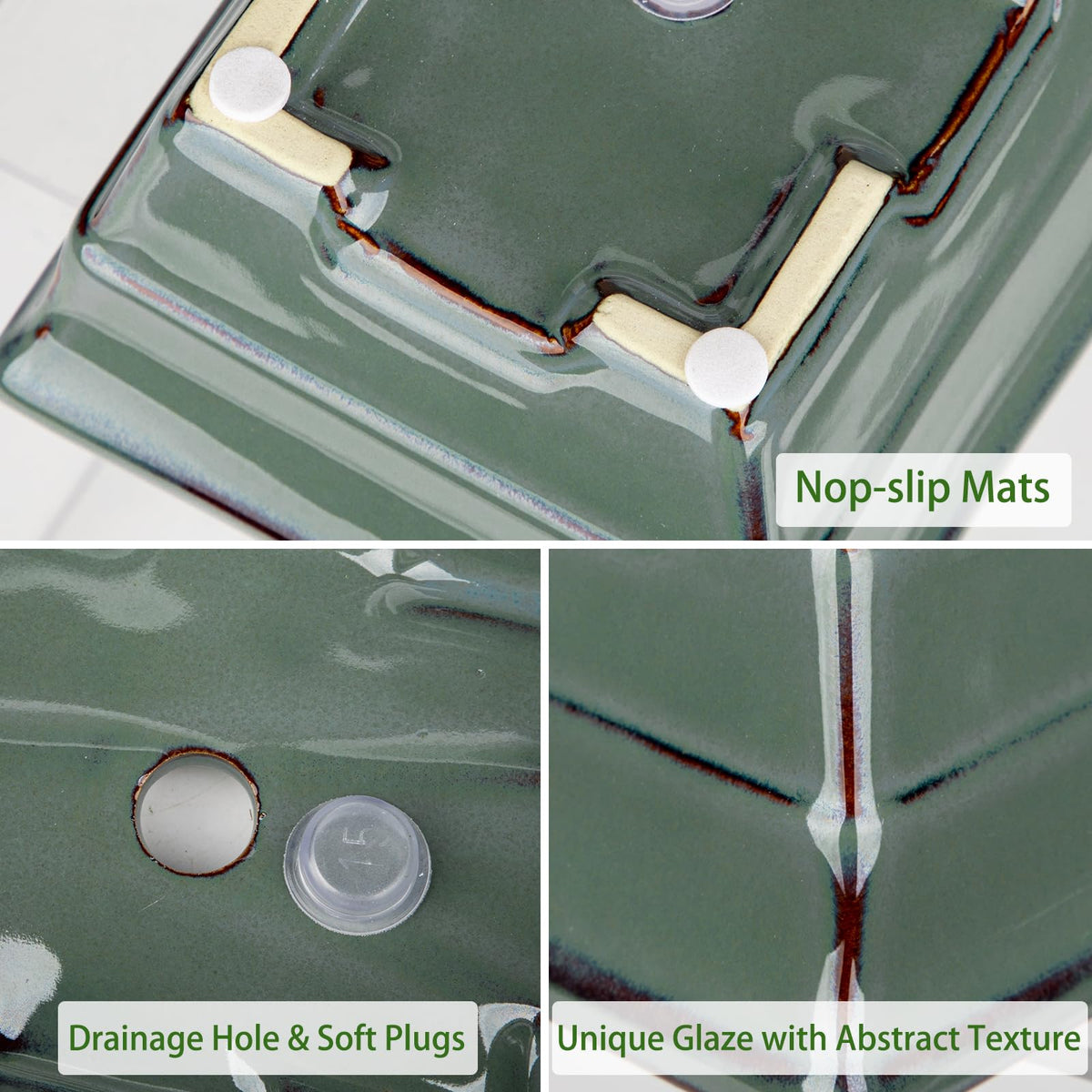 Ceramic Bonsai Pots with Drainage Hole Set of 2, Green Glazed Bonsai Planters for Indoor/Outdoor Use, Rectangular Shallow Bonzai Tree Pot for Succulent, Orchids, Cacti, Home, Patio, Garden, 6.3"x4.9"