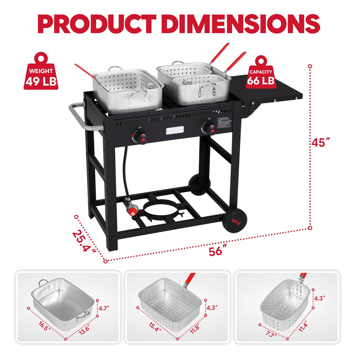 FEASTO Outdoor Propane Deep Fryer with Movable Cart, 2-Burner Stove with 100,000 BTU Total, 2 x 18QT Aluminum Pots, 1 x 18QT Basket & 2 x 9QT Frying Baskets, Portable Fryer for Fish, Fries & Chicken