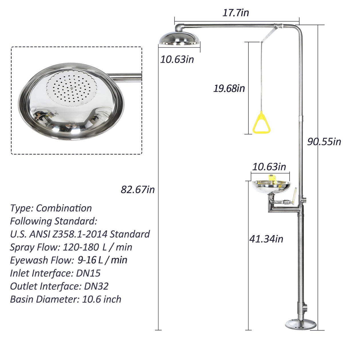 AIWFL 304 Stainless Steel Eye Wash Station, Emergency Shower Eyewash Station, Combination Eye Wash Shower Station for Industrial & Commercial Use, NPT Threads, with Eyewash Sign