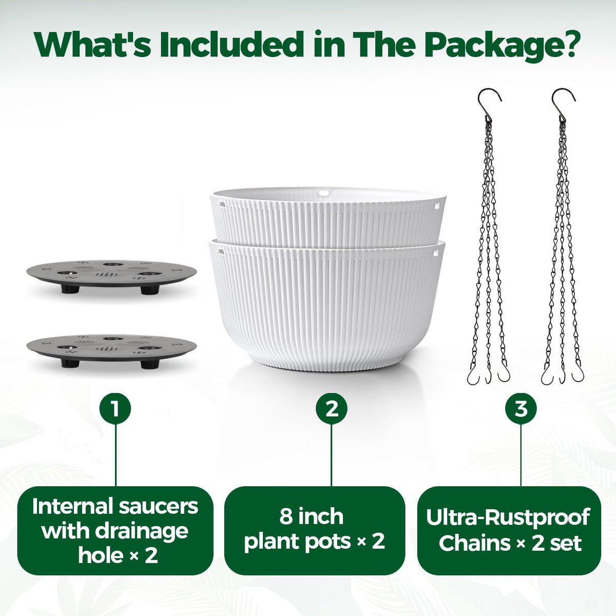T4U Hanging Planter Self Watering 8 Inch, 2 Pack White Indoor Hanging Plant pots, Hanging Flower Pot with Drainage Hole & Plug & Chain with 3 Hooks for Garden Home Decor